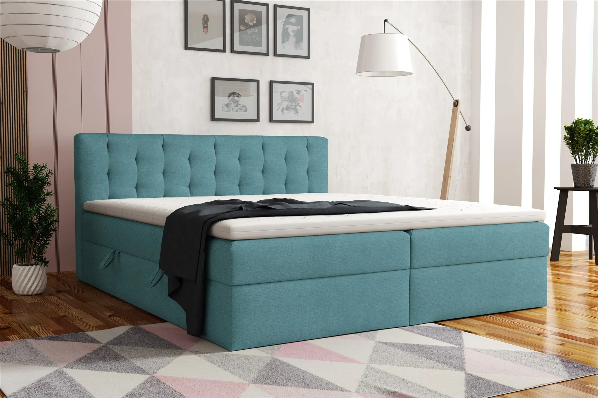 Boxspringbett Schlafzimmerbett DIAGO 140x200cm Stoff Castel Türkis - Fun Moebel