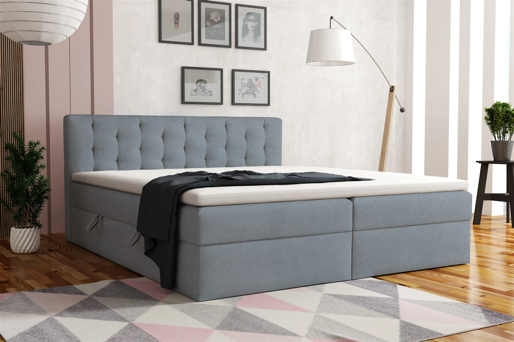 Boxspringbett Schlafzimmerbett DIAGO 160x200cm Stoff Castel Graublau - Fun Moebel