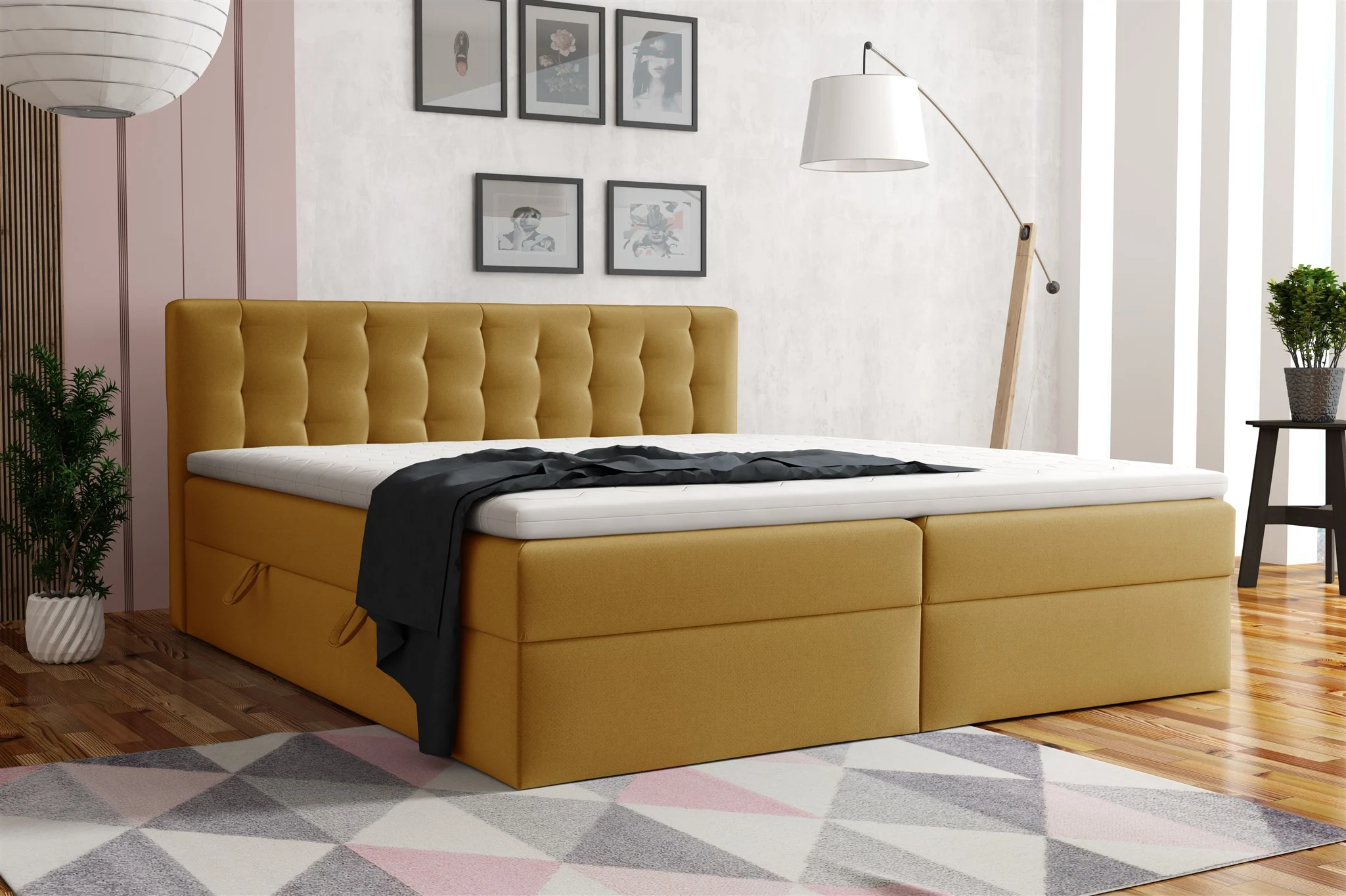 Boxspringbett Schlafzimmerbett DIAGO 140x200cm Stoff Fresh Senf - Fun Moebel