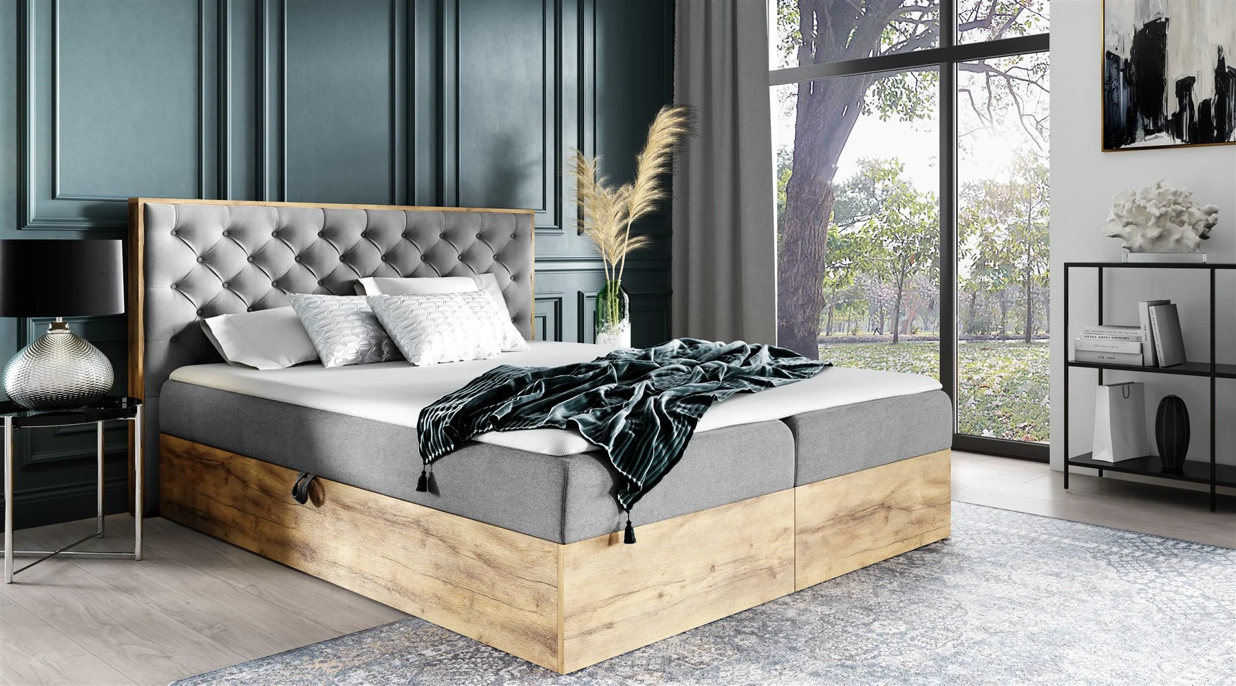 Boxspringbett Schlafzimmerbett DIONA 120x200cm Stoff Grau inkl. Bettkasten - Fun Moebel