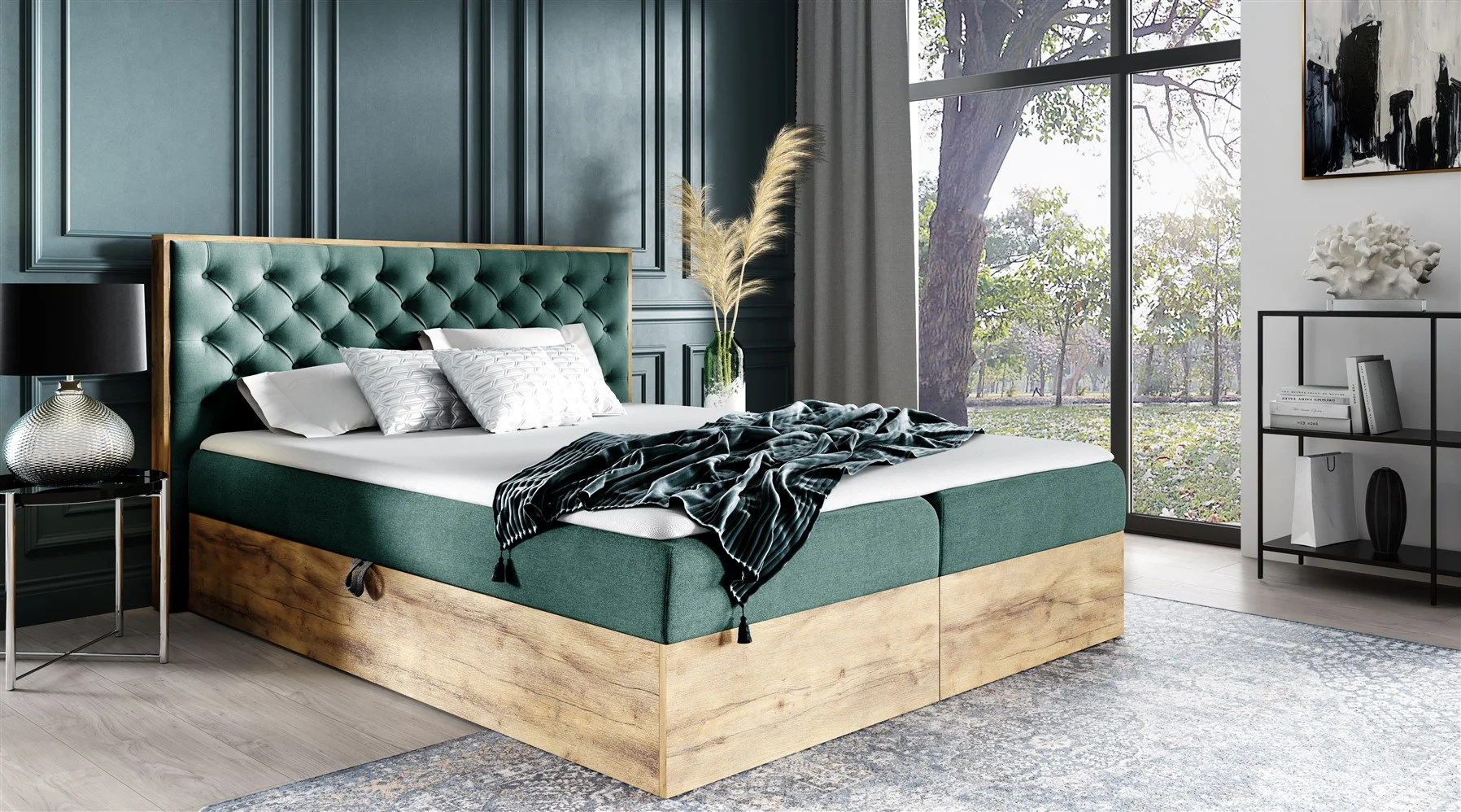 Boxspringbett Schlafzimmerbett DIONA 160x200cm Stoff Grün inkl. Bettkasten - Fun Moebel