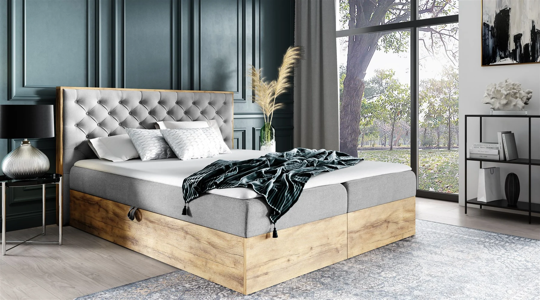 Boxspringbett Schlafzimmerbett DIONA 120x200cm Stoff Hellgrau inkl. Bettkasten - Fun Moebel