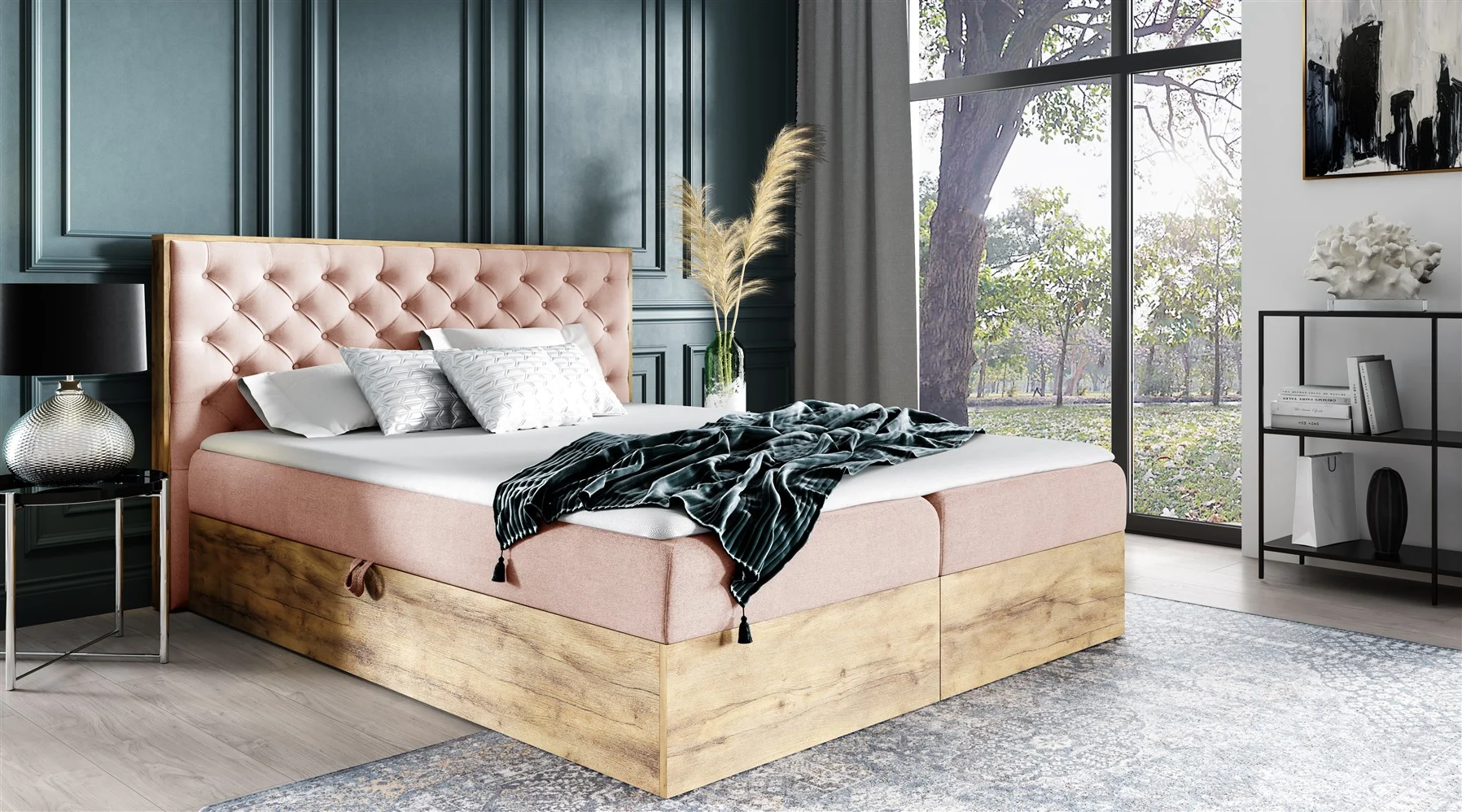 Boxspringbett Schlafzimmerbett DIONA 140x200cm Stoff Rose inkl. Bettkasten - Fun Moebel
