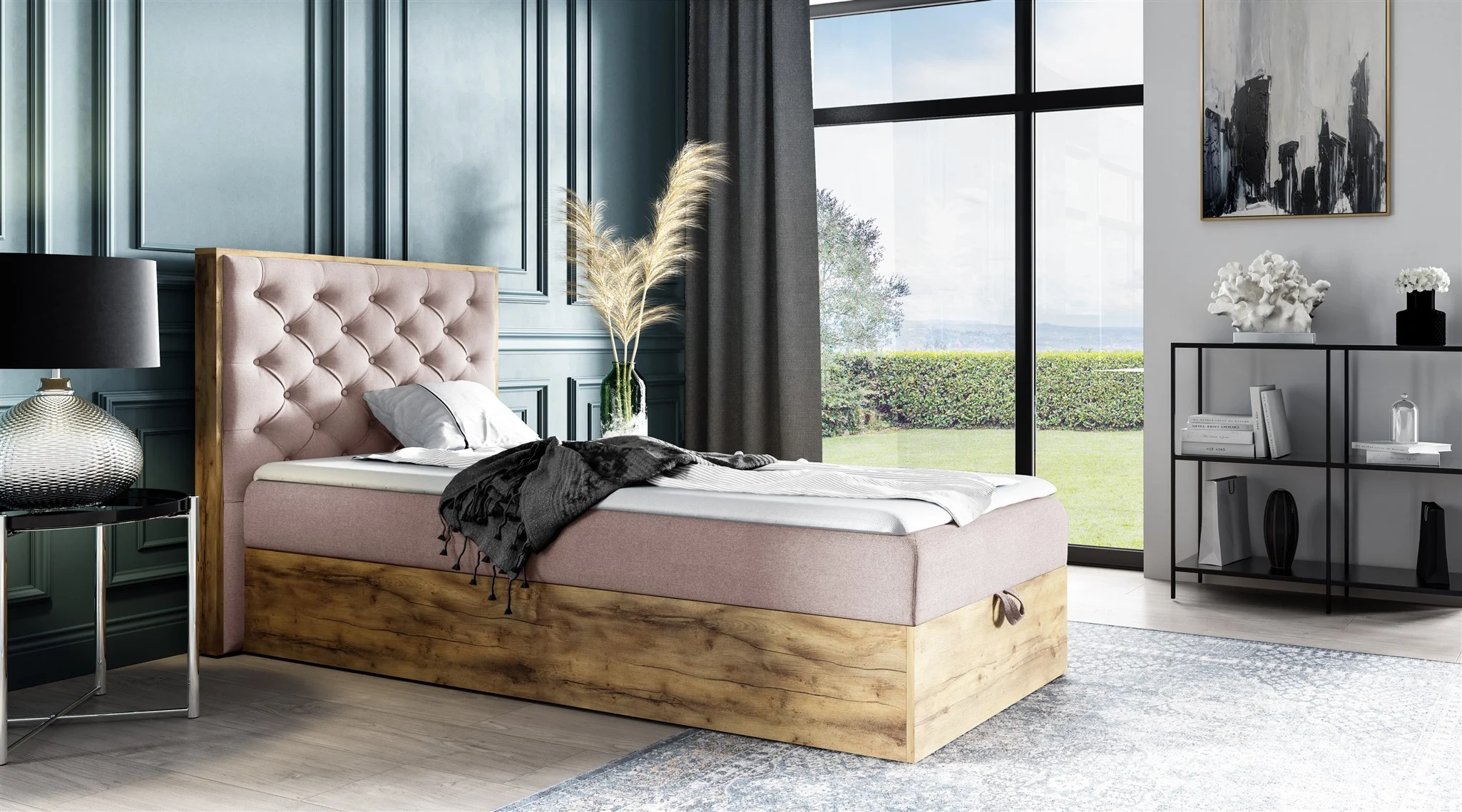 Boxspringbett Gästebett Bett DIONA MINI 100x200cm Stoff Rosa inkl. Bettkasten - Fun Möbel