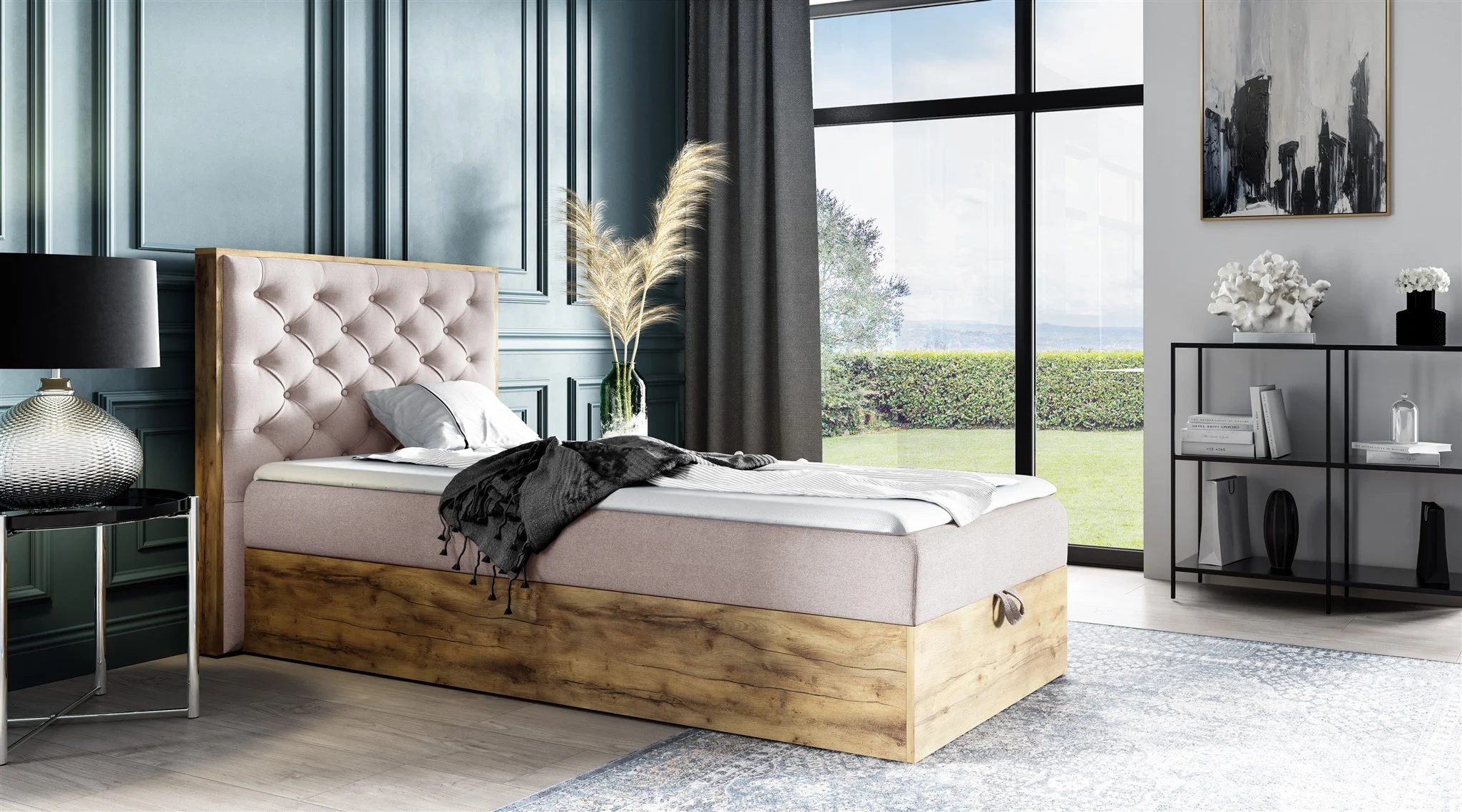 Boxspringbett Gästebett Bett DIONA MINI 90x200cm Stoff Sand inkl. Bettkasten - Fun Möbel