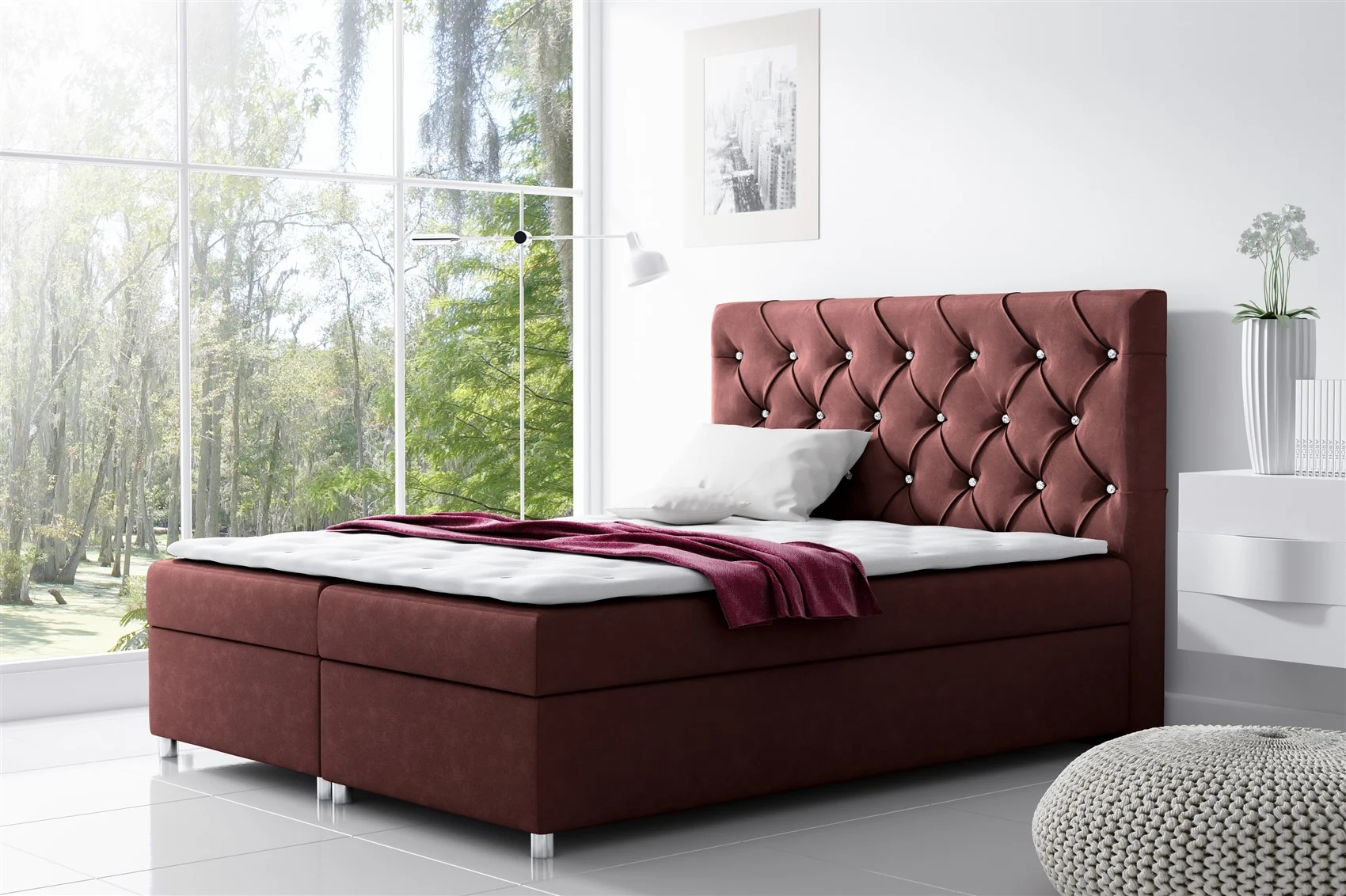 Boxspringbett Schlafzimmerbett DOLCE Polyesterstoff Weinrot 200x200cm - Fun Moebel