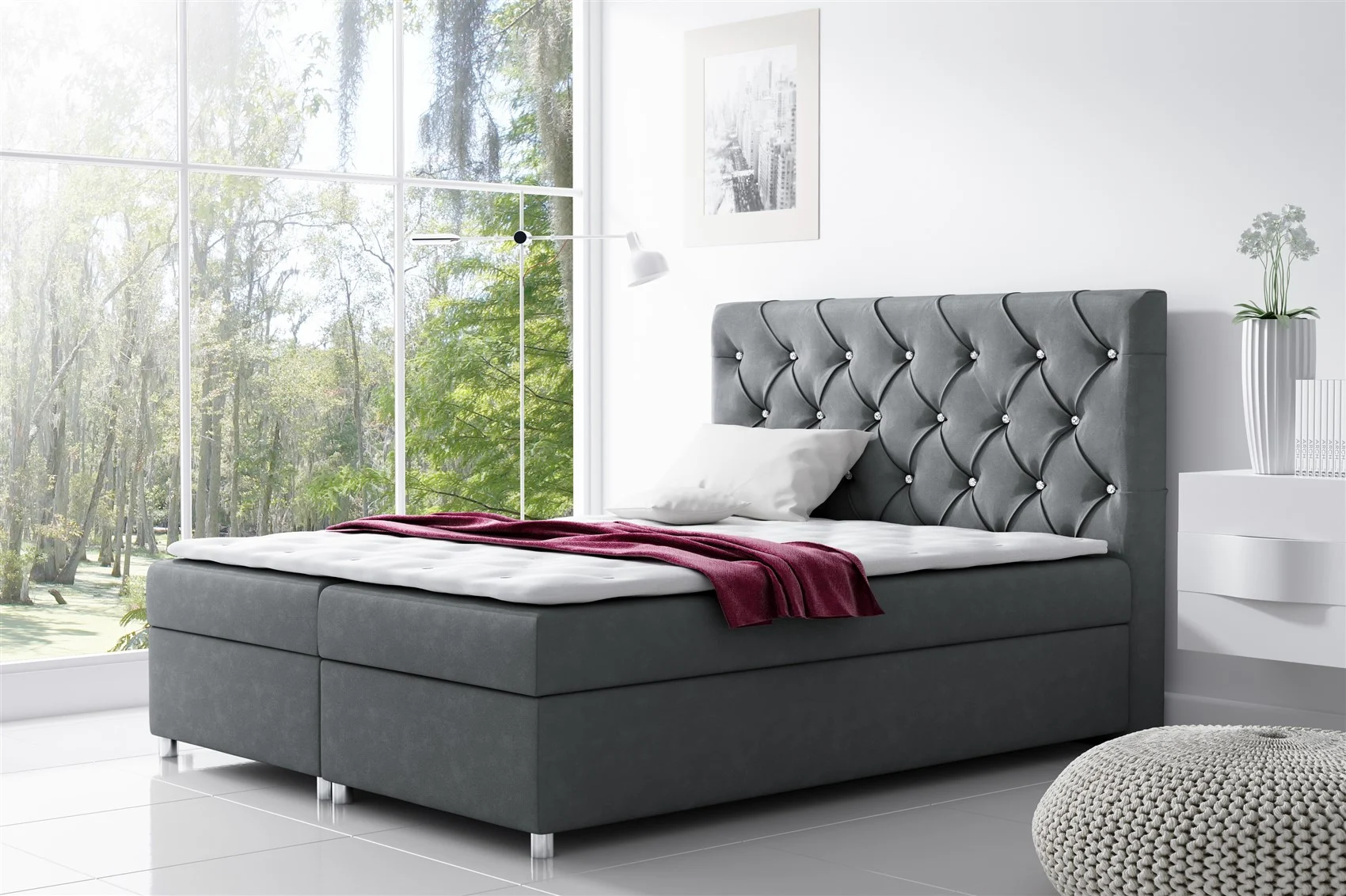 Boxspringbett Schlafzimmerbett DOLCE Polyesterstoff Grau 200x200cm - Fun Moebel
