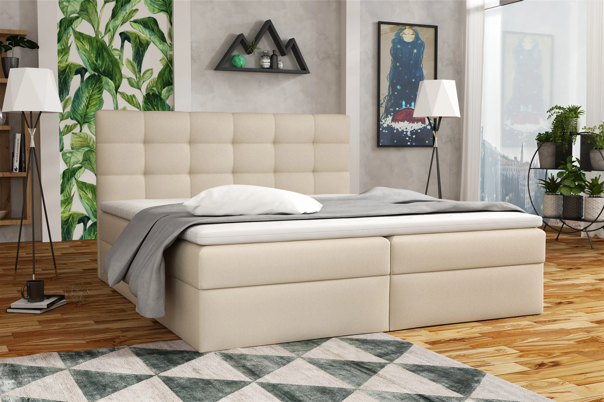 Boxspringbett Schlafzimmerbett DORIANO 180x200cm Kunstleder Soft Beige - Fun Möbel