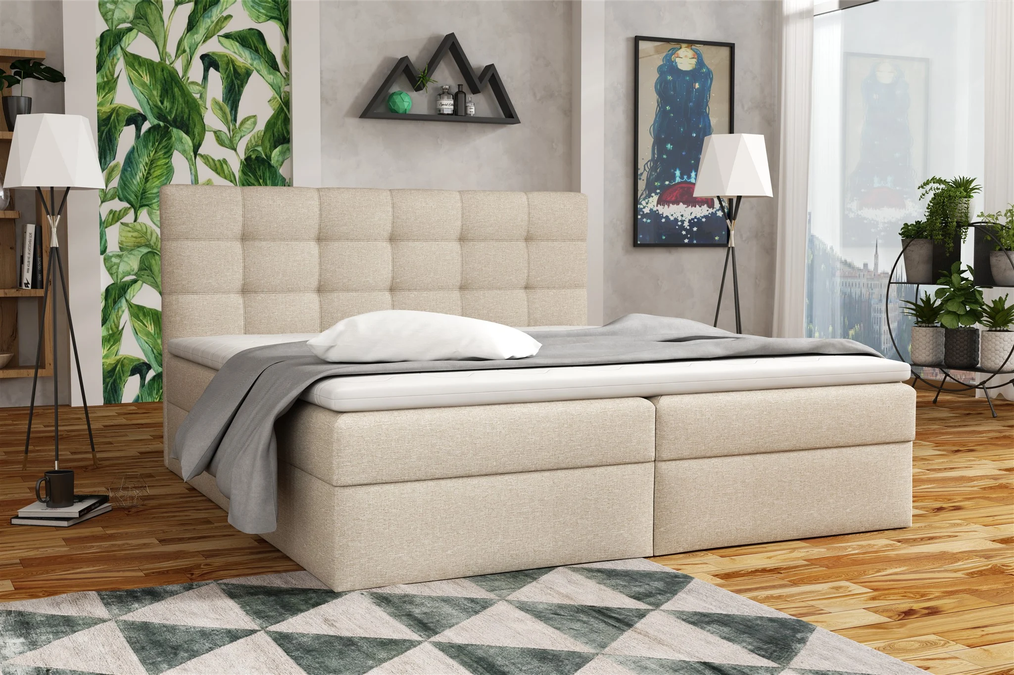 Boxspringbett Schlafzimmerbett DORIANO 140x200cm Stoff Sawana Beige - Fun Möbel