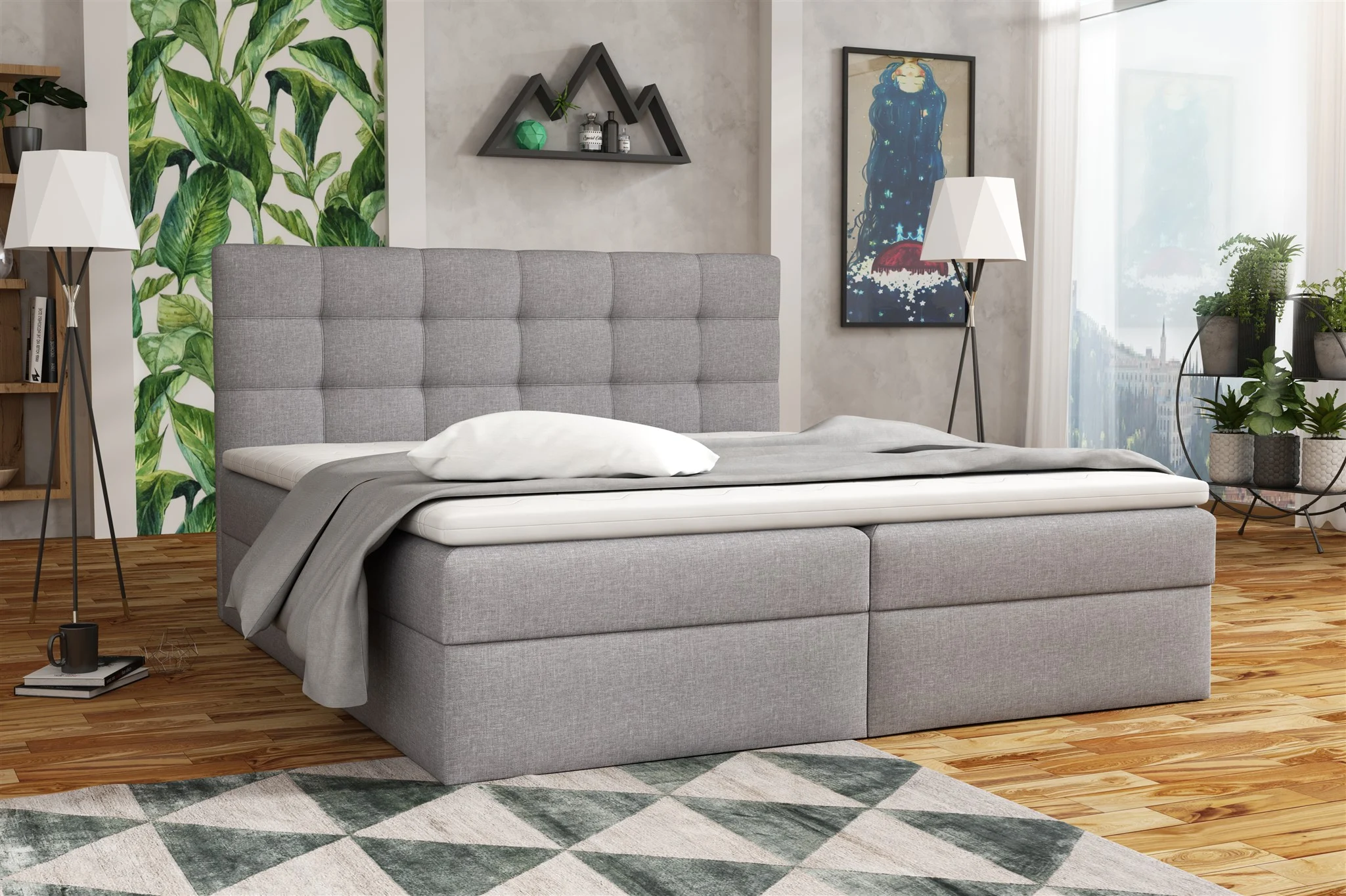 Boxspringbett Schlafzimmerbett DORIANO 140x200cm Stoff Sawana Grau - Fun Möbel