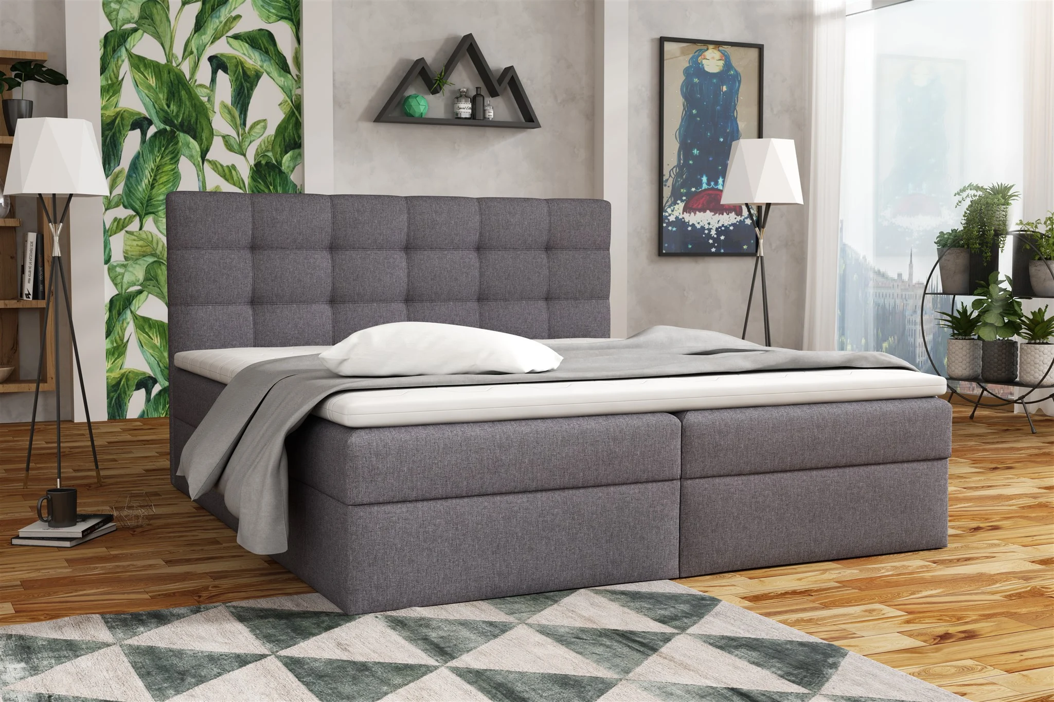 Boxspringbett Schlafzimmerbett DORIANO 140x200cm Stoff Sawana Dunkelgrau - Fun Möbel