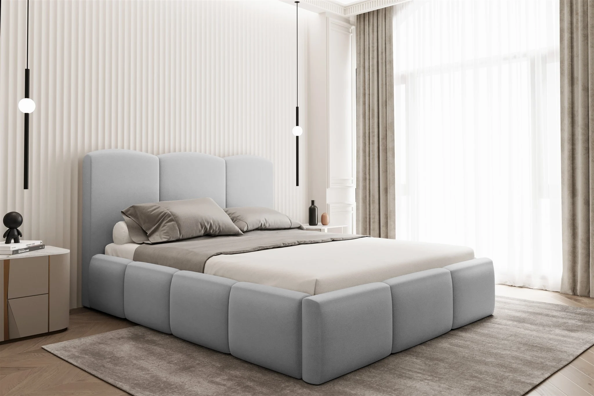 Polsterbett Doppelbett DUNIA Komplettset in Stoff Opera Velvet Hellgrau 120x200cm - Fun Moebel