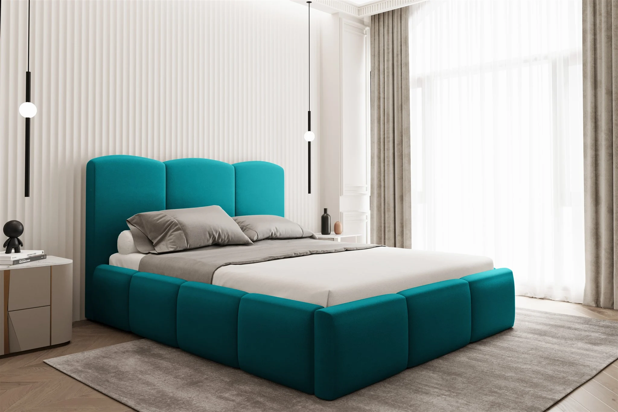 Polsterbett Doppelbett DUNIA Komplettset in Stoff Opera Velvet Petrol 160x200cm - Fun Moebel