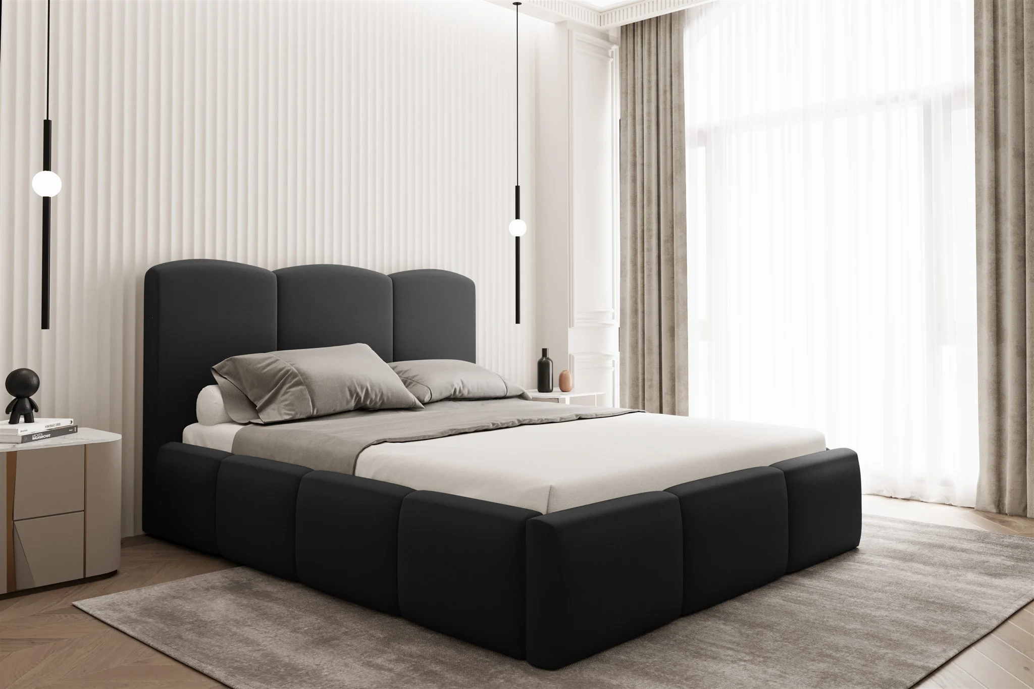 Polsterbett Doppelbett DUNIA Komplettset in Stoff Opera Velvet Schwarz 140x200cm - Fun Moebel