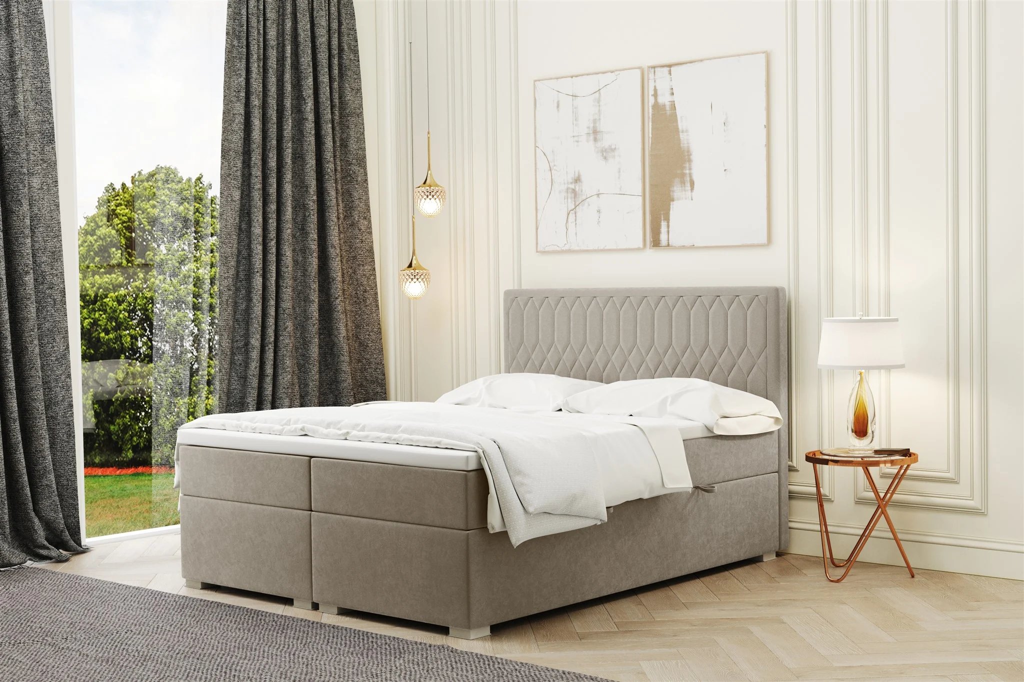 Boxspringbett Schlafzimmerbett DUSTY 180x200cm in Stoff Riviera Beige - Fun Moebel