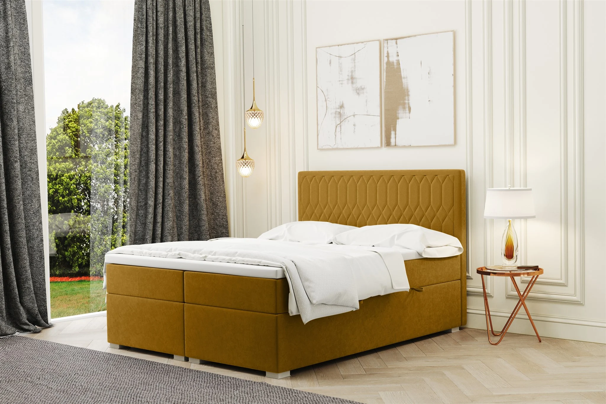 Boxspringbett Schlafzimmerbett DUSTY 120x200cm in Stoff Riviera Goldgelb - Fun Moebel