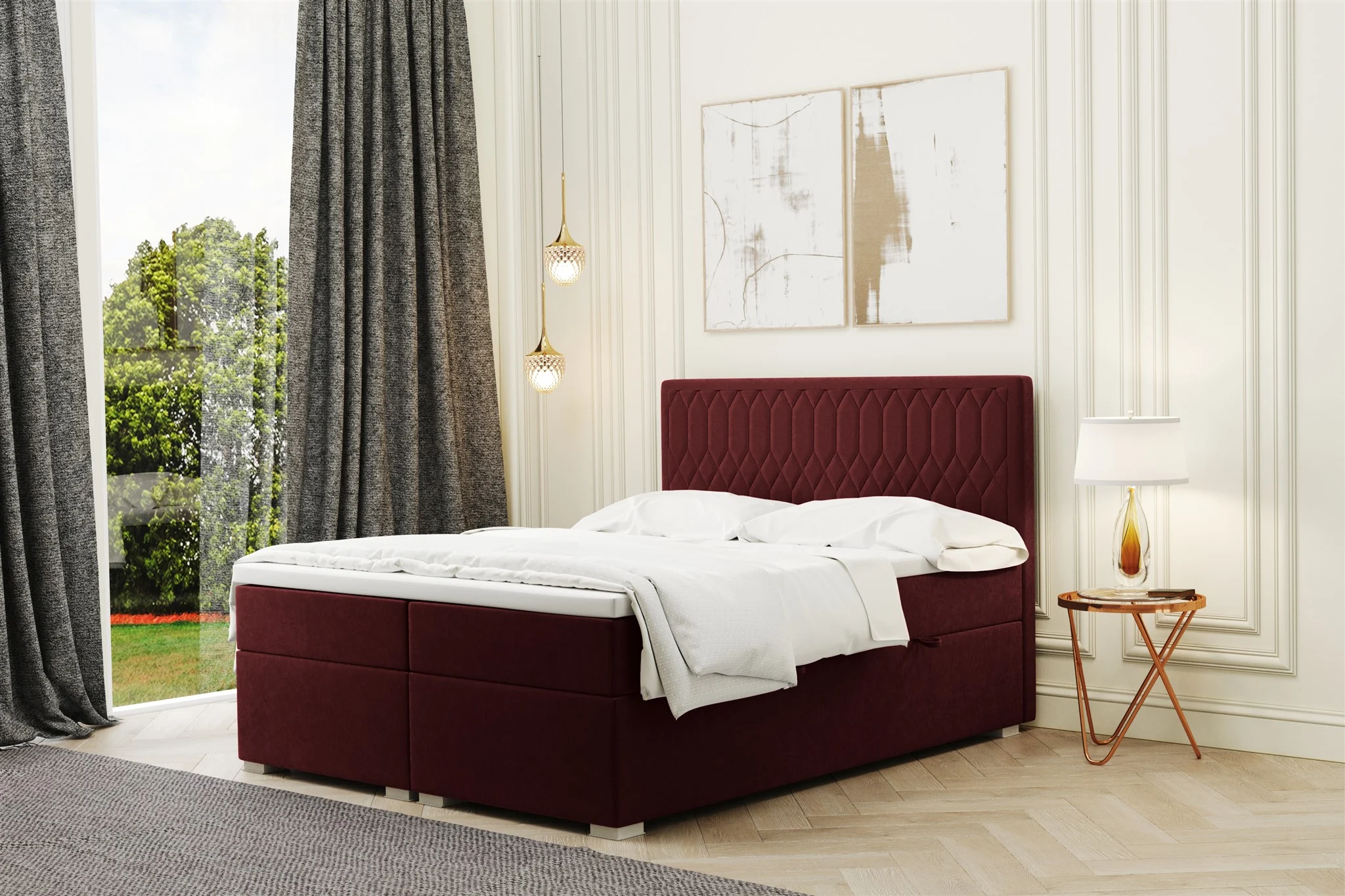 Boxspringbett Schlafzimmerbett DUSTY 140x200cm in Stoff Riviera Weinrot - Fun Moebel