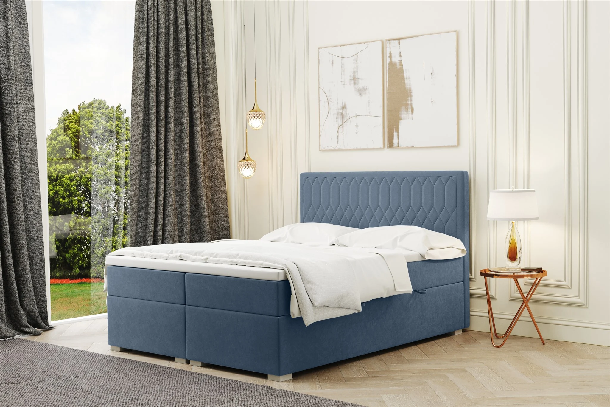 Boxspringbett Schlafzimmerbett DUSTY 140x200cm in Stoff Riviera Blau - Fun Moebel