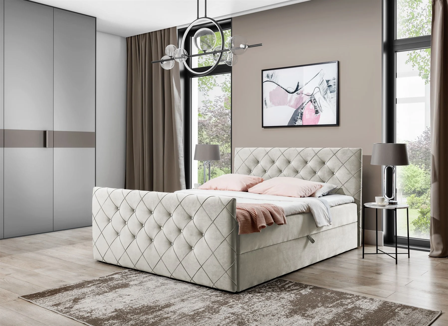 Boxspringbett Schlafzimmerbett EIVOR 200x200cm Beige inkl.Bettkasten - Fun Moebel