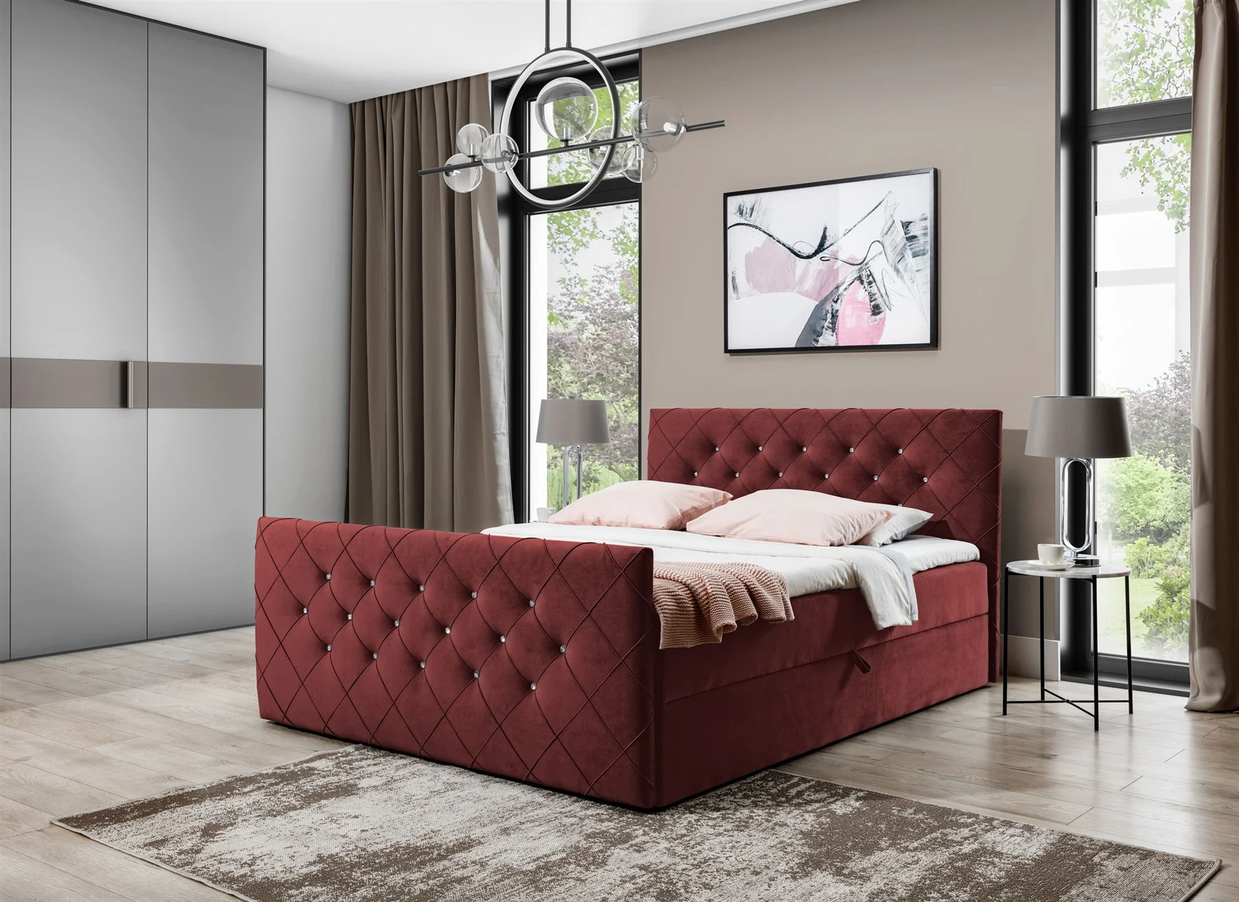 Boxspringbett Schlafzimmerbett EIVOR 180x200cm Bordeaux inkl.Bettkasten - Fun Moebel