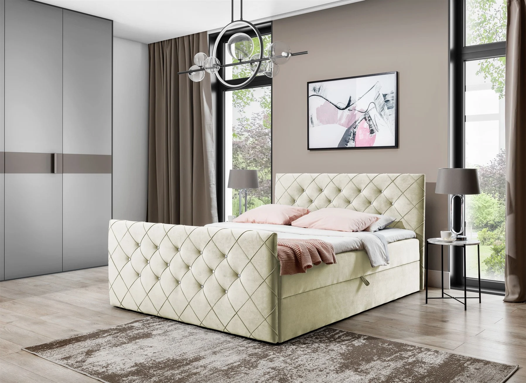 Boxspringbett Schlafzimmerbett EIVOR 140x200cm Creme inkl.Bettkasten - Fun Moebel