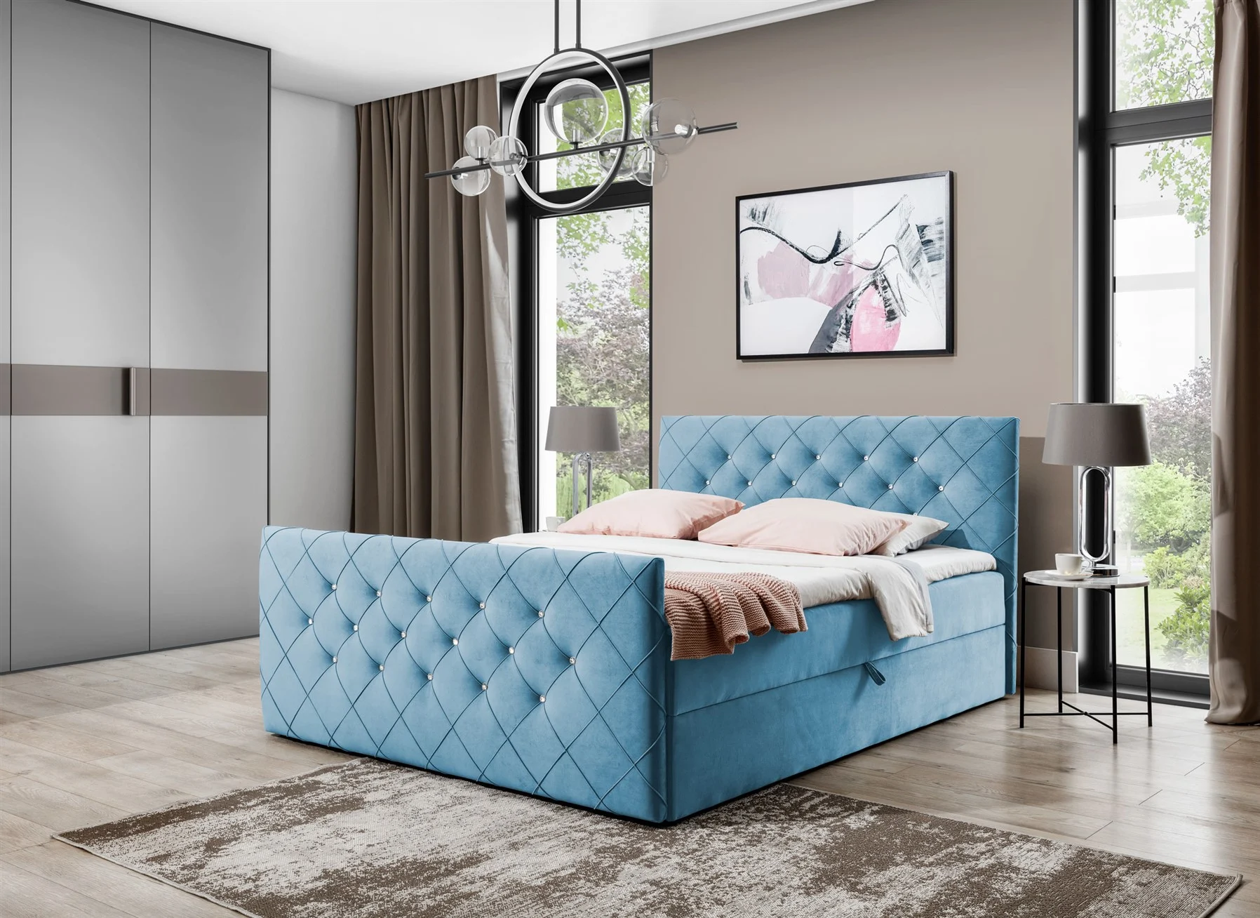 Boxspringbett Schlafzimmerbett EIVOR 160x200cm Hellblau inkl.Bettkasten - Fun Moebel