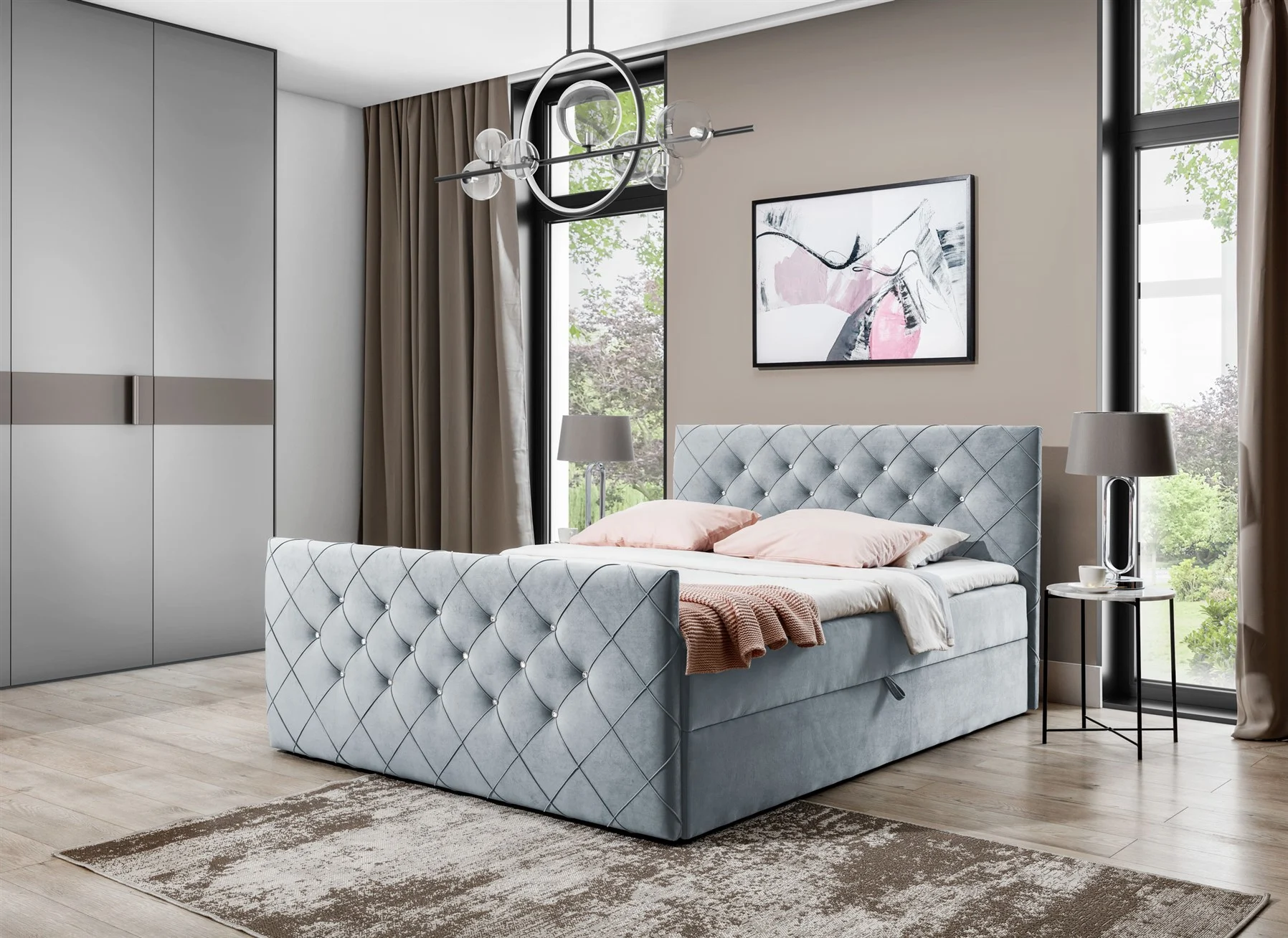Boxspringbett Schlafzimmerbett EIVOR 200x200cm Hellgrau inkl.Bettkasten - Fun Moebel
