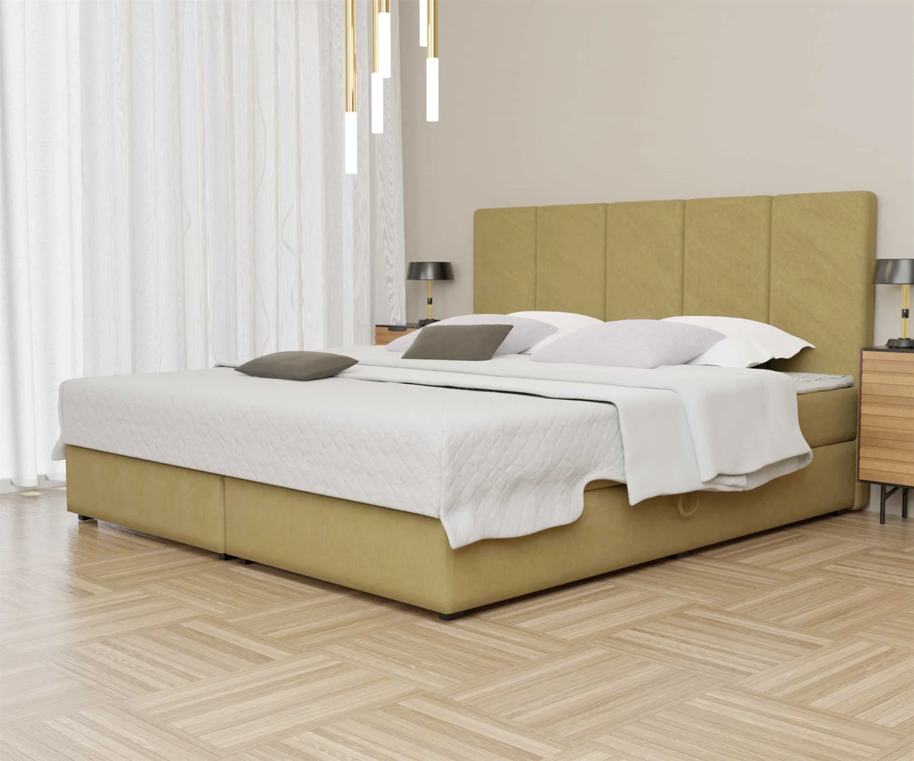 Boxspringbett Schlafzimmerbett ELICIO 140x200cm Stoff Senf inkl. Bettkasten - Fun Moebel