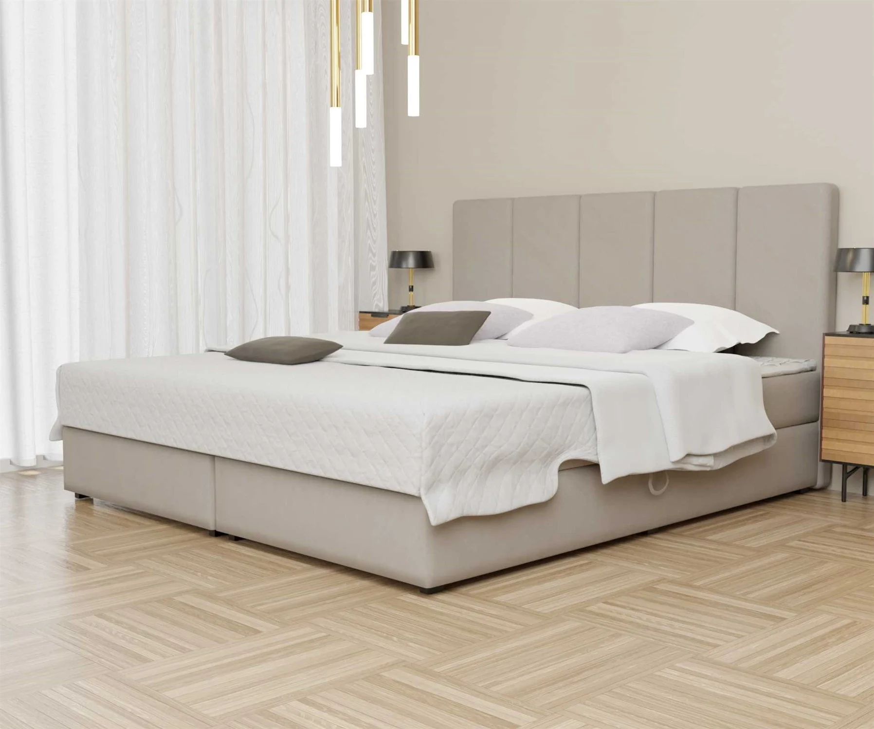 Boxspringbett Schlafzimmerbett ELICIO 120x200cm Stoff Creme inkl. Bettkasten - Fun Moebel