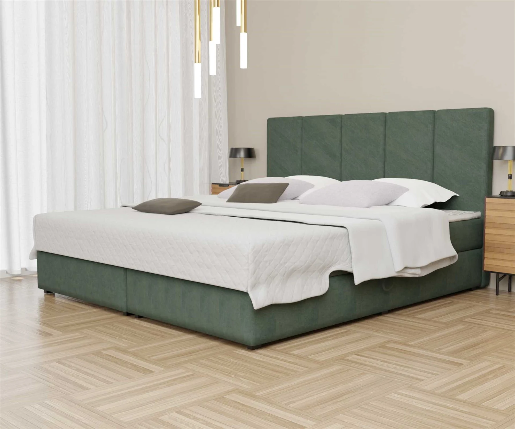 Boxspringbett Schlafzimmerbett ELICIO 140x200cm Stoff Opalgrün inkl. Bettkasten - Fun Moebel