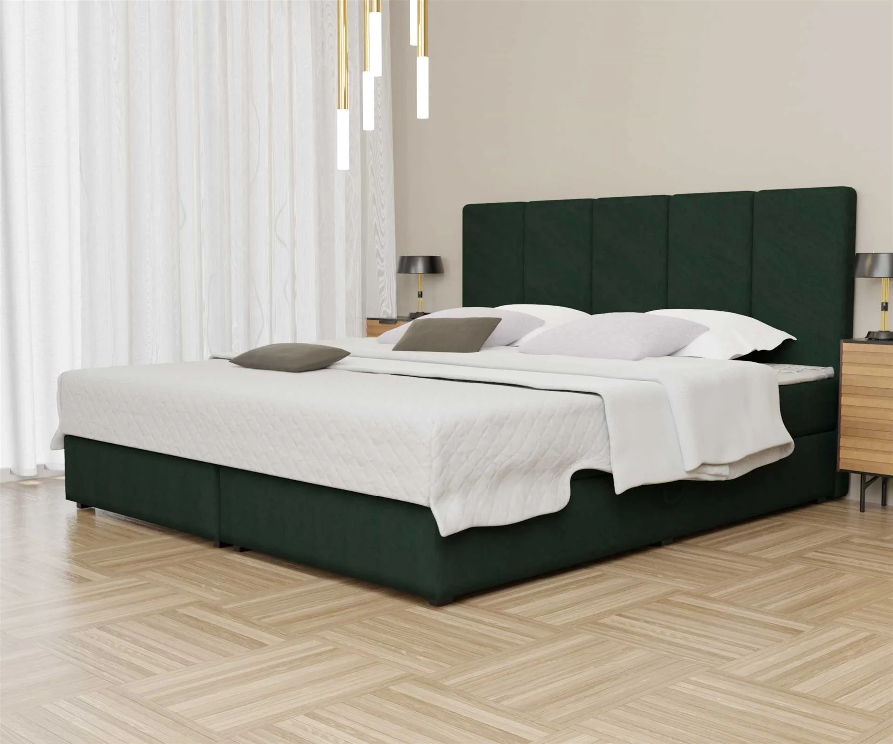 Boxspringbett Schlafzimmerbett ELICIO 120x200cm Stoff Dunkelgrün inkl Bettkasten - Fun Moebel