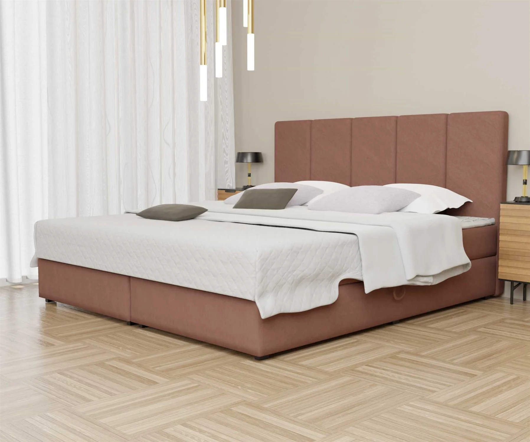 Boxspringbett Schlafzimmerbett ELICIO 120x200cm Stoff Apricot inkl. Bettkasten - Fun Moebel