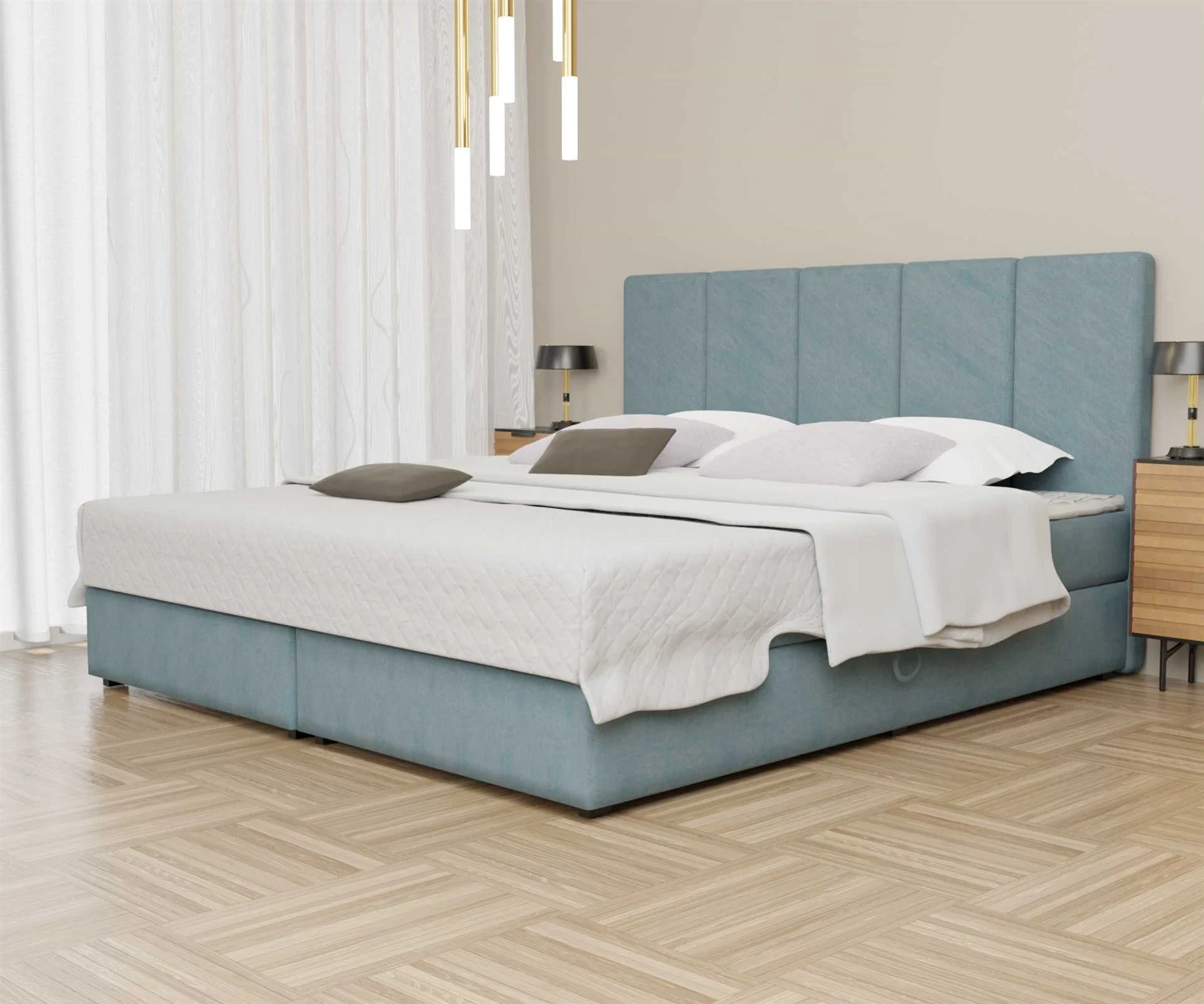 Boxspringbett Schlafzimmerbett ELICIO 120x200cm Stoff Hellblau inkl. Bettkasten - Fun Moebel