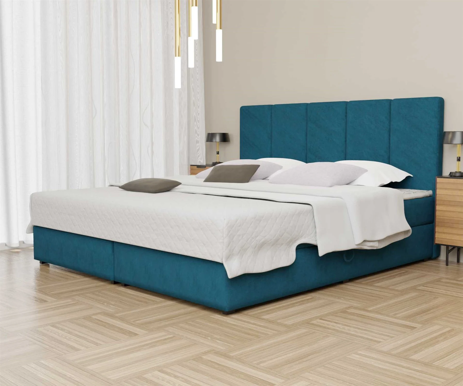 Boxspringbett Schlafzimmerbett ELICIO 120x200cm Stoff Petrolblau inkl Bettkasten - Fun Moebel