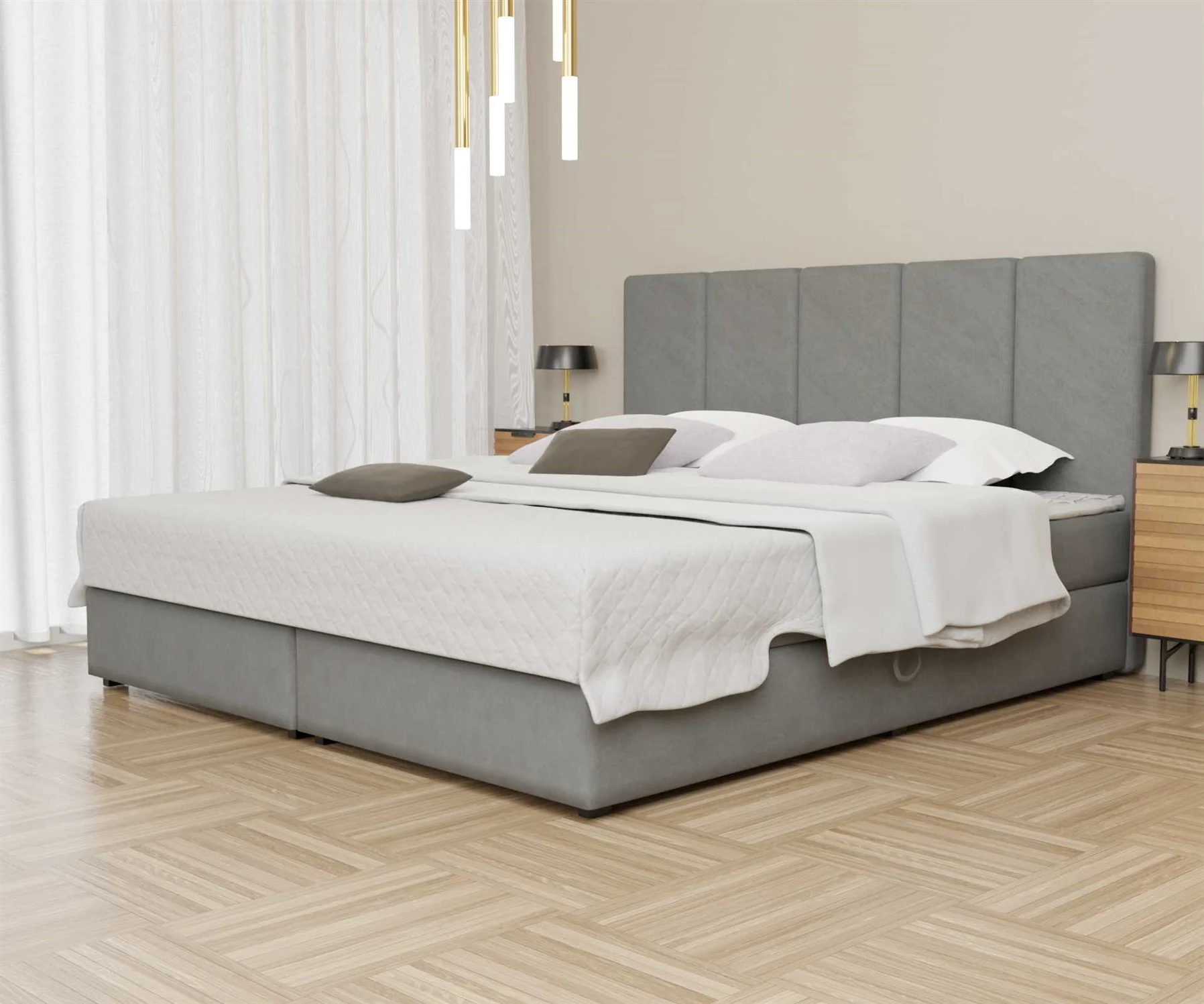 Boxspringbett Schlafzimmerbett ELICIO 180x200cm Stoff Grau inkl. Bettkasten - Fun Moebel