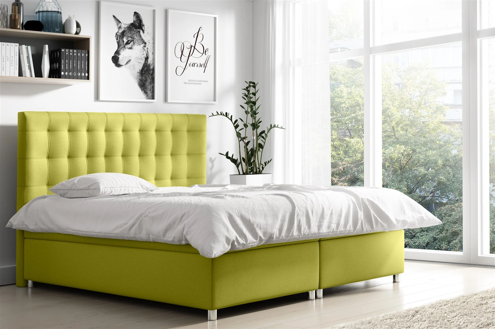 Boxspringbett Schlafzimmerbett ENZO Polyesterstoff Birnengelb 200x200cm - Fun Moebel