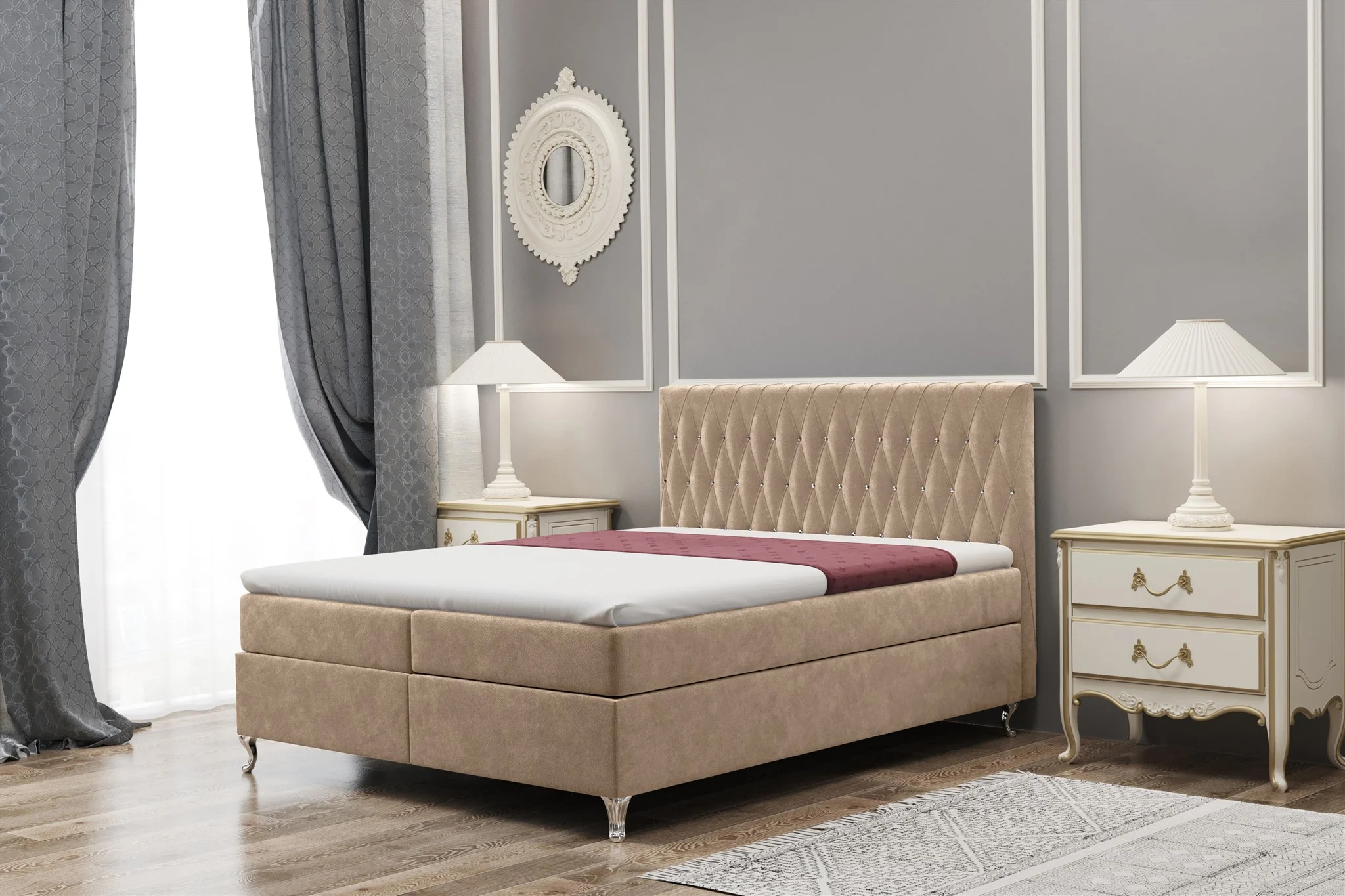Boxspringbett Schlafzimmerbett ESME 180x220cm in Stoff Riviera Hellbraun - Fun Moebel