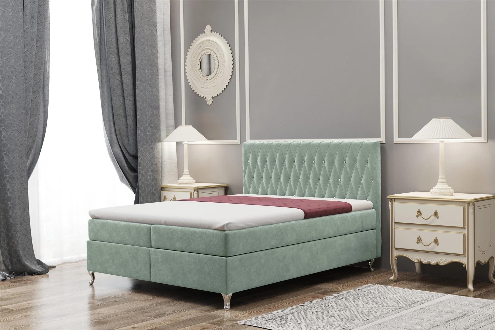 Boxspringbett Schlafzimmerbett ESME 140x220cm in Stoff Riviera Mint - Fun Moebel