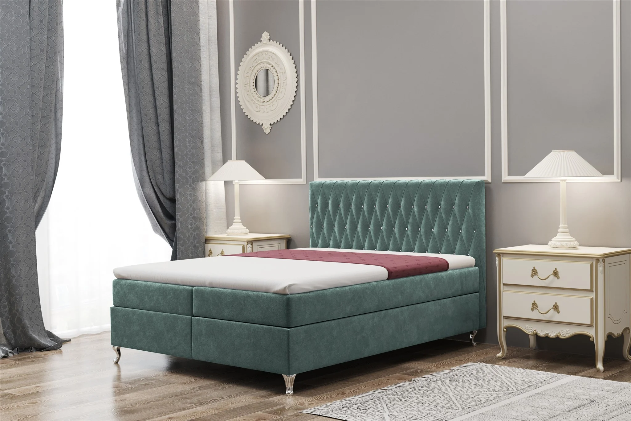 Boxspringbett Schlafzimmerbett ESME 160x220cm in Stoff Riviera Blaugrün - Fun Moebel