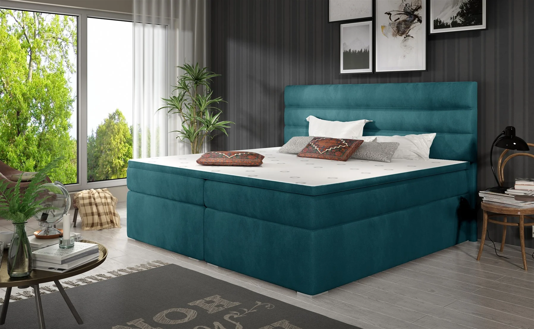 Boxspringbett Schlafzimmerbett FESTO 140x200cm Stoff Jasmine Türkis - Fun Moebel