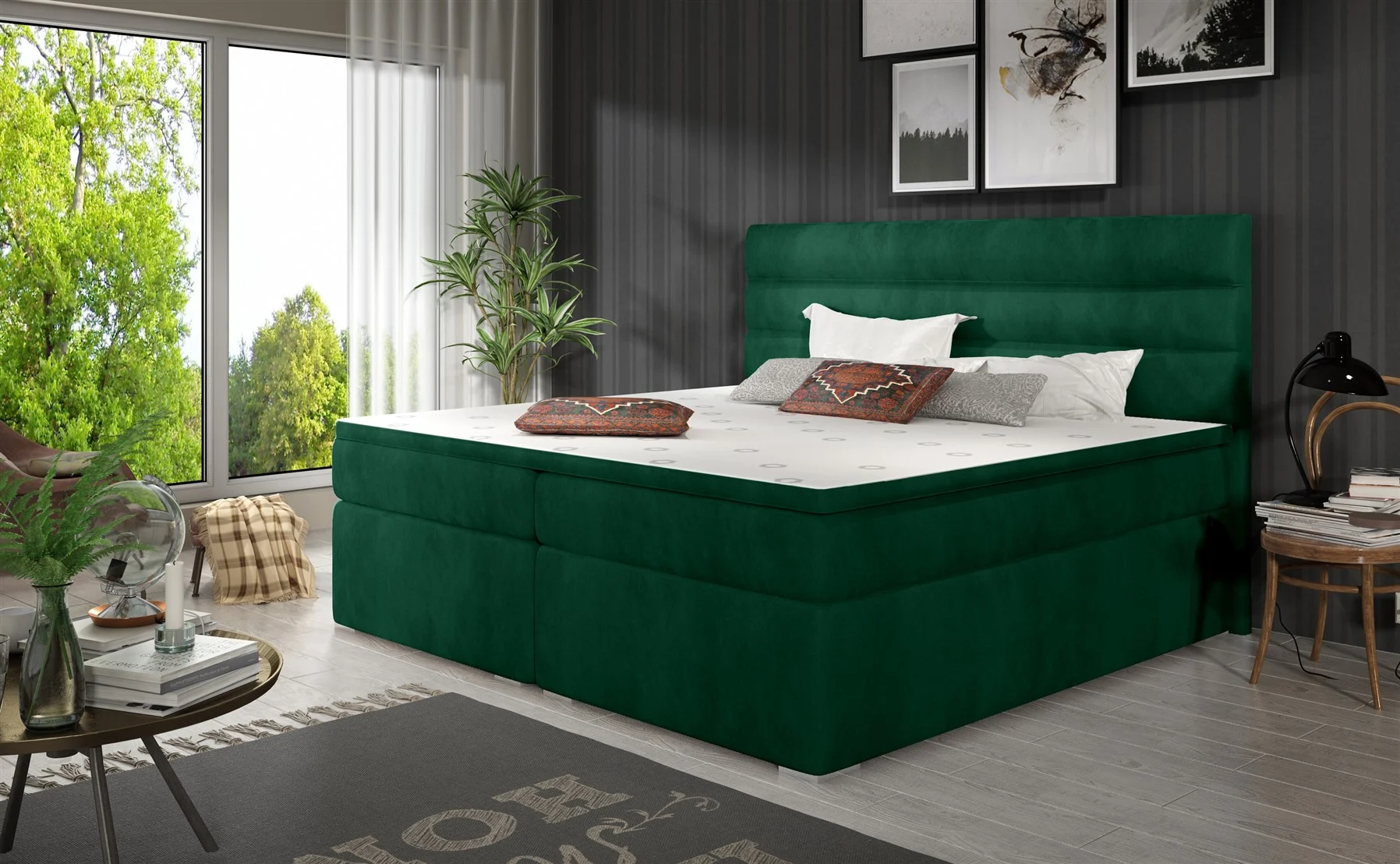 Boxspringbett Schlafzimmerbett FESTO 140x200cm Stoff Kronos Grün - Fun Moebel