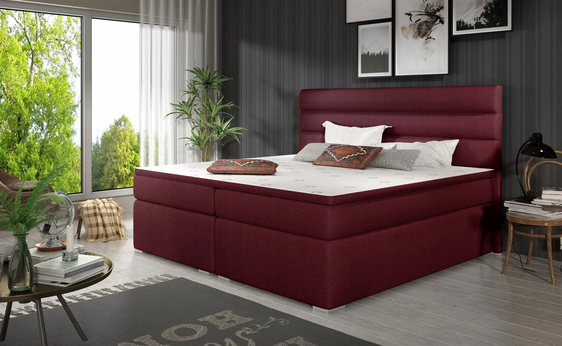 Boxspringbett Schlafzimmerbett FESTO 140x200cm Stoff Malmo Weinrot - Fun Moebel