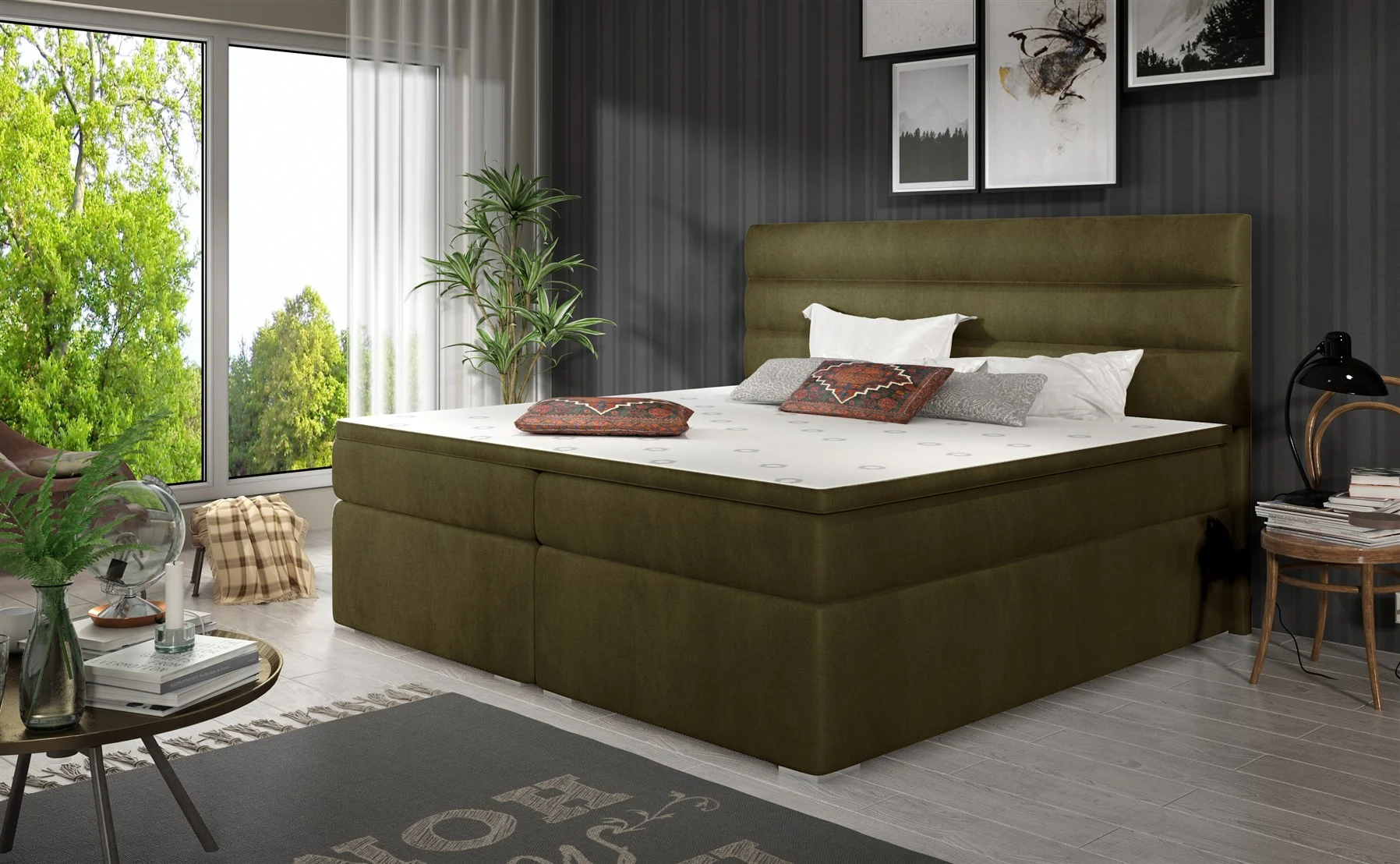 Boxspringbett Schlafzimmerbett FESTO 140x200cm Stoff Monolith Olivgrün - Fun Moebel