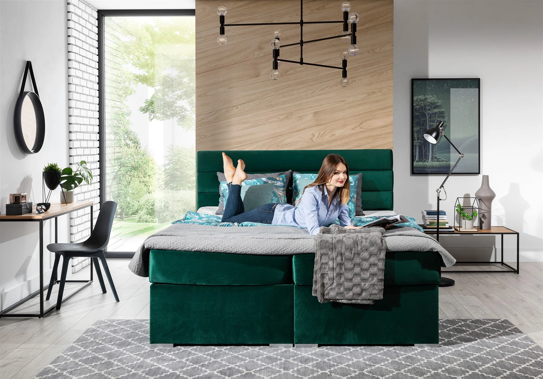 Boxspringbett Schlafzimmerbett FESTO 140x200cm Stoff Monolith Dunkelgrün - Fun Moebel