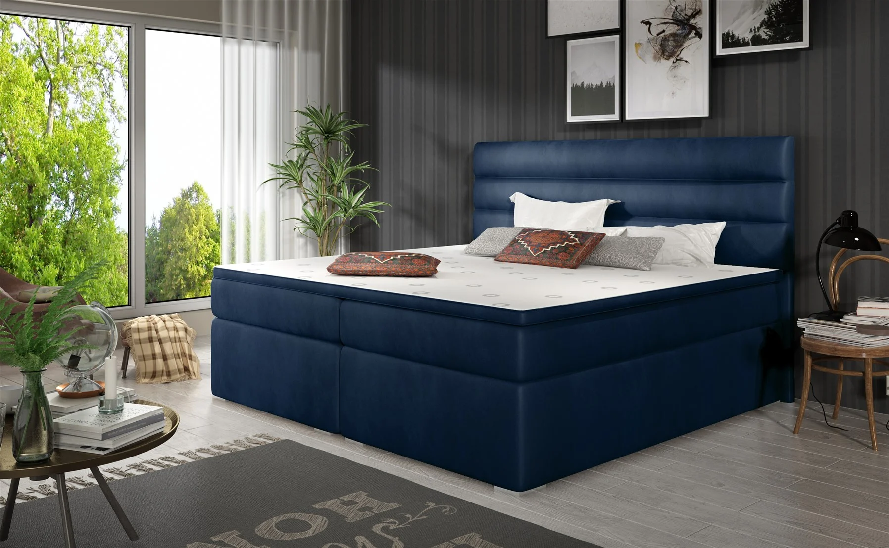 Boxspringbett Schlafzimmerbett FESTO 140x200cm Stoff Monolith Oxford Blau - Fun Moebel