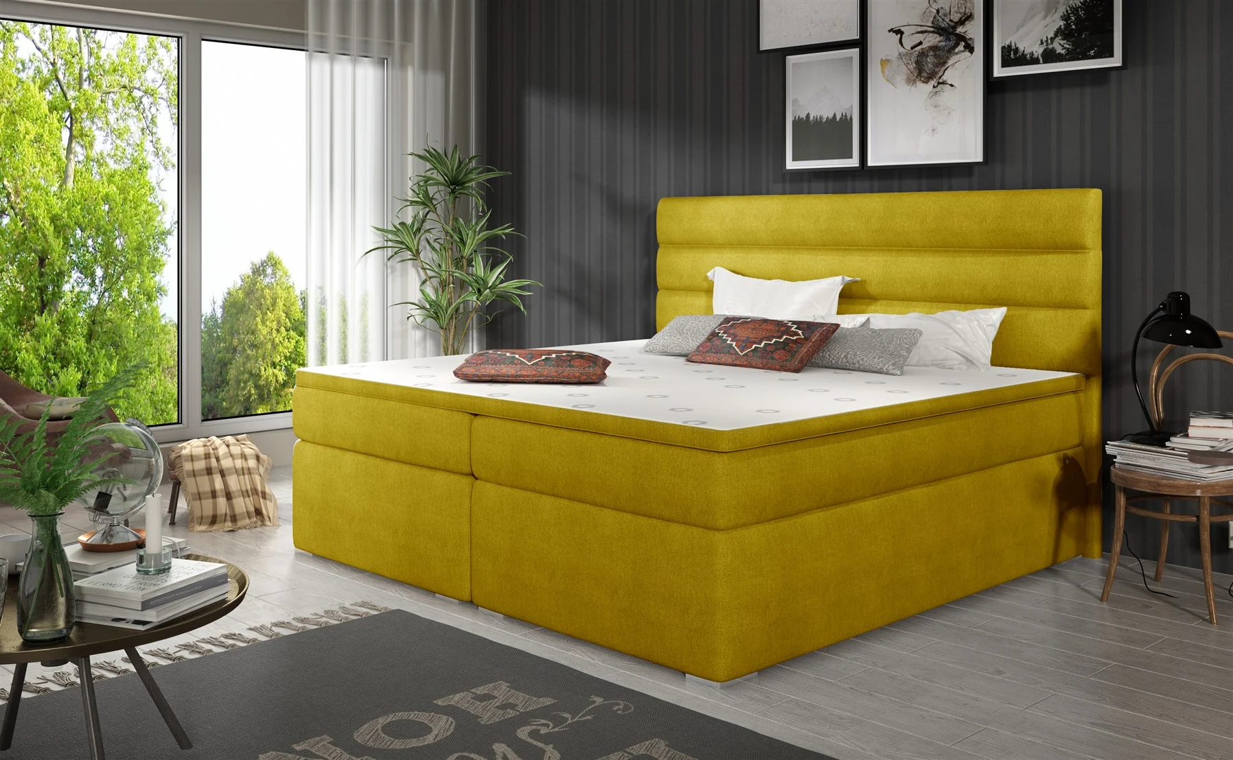 Boxspringbett Schlafzimmerbett FESTO 140x200cm Stoff Omega Gelb - Fun Moebel