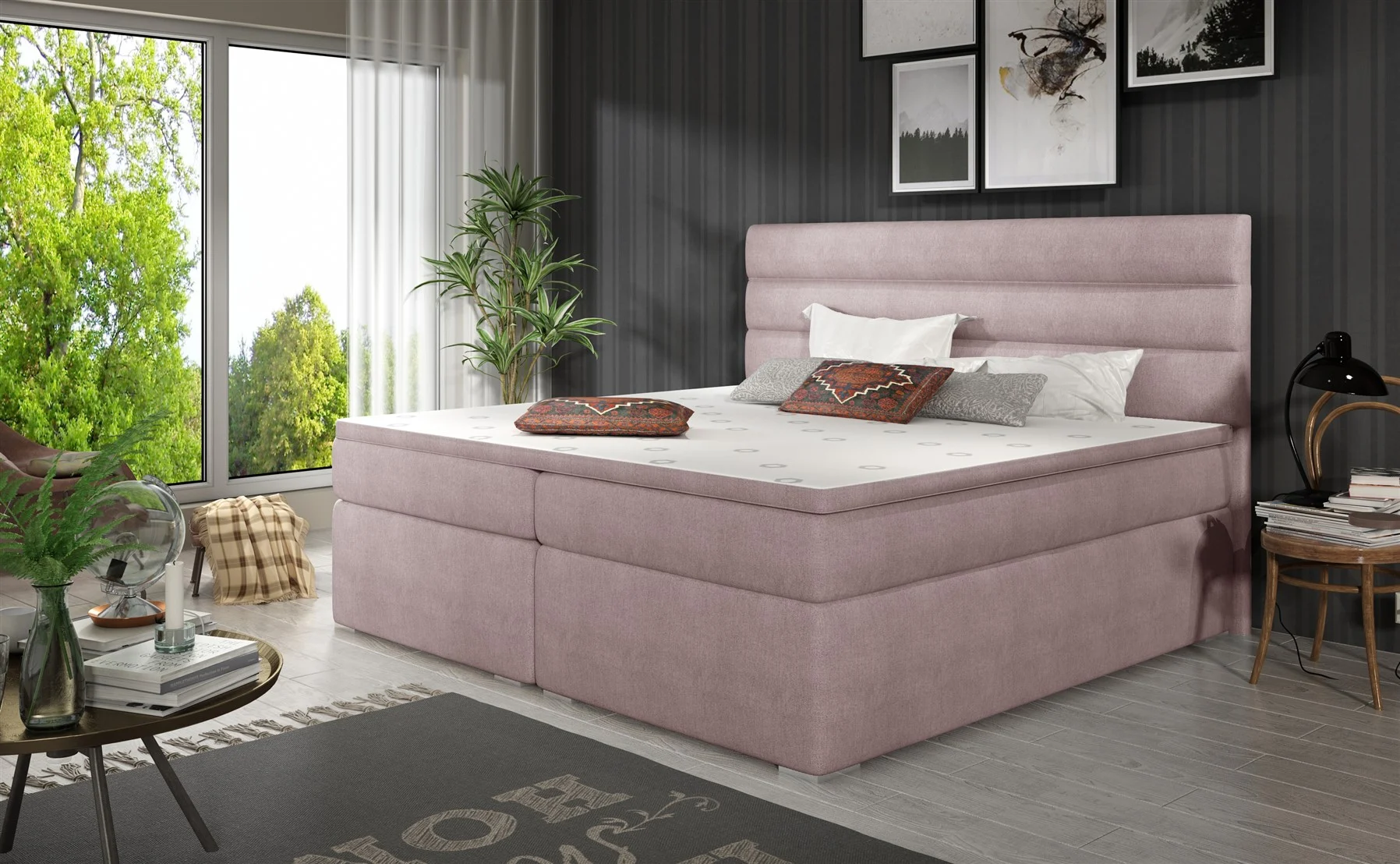 Boxspringbett Schlafzimmerbett FESTO 140x200cm Stoff Omega Rose - Fun Moebel