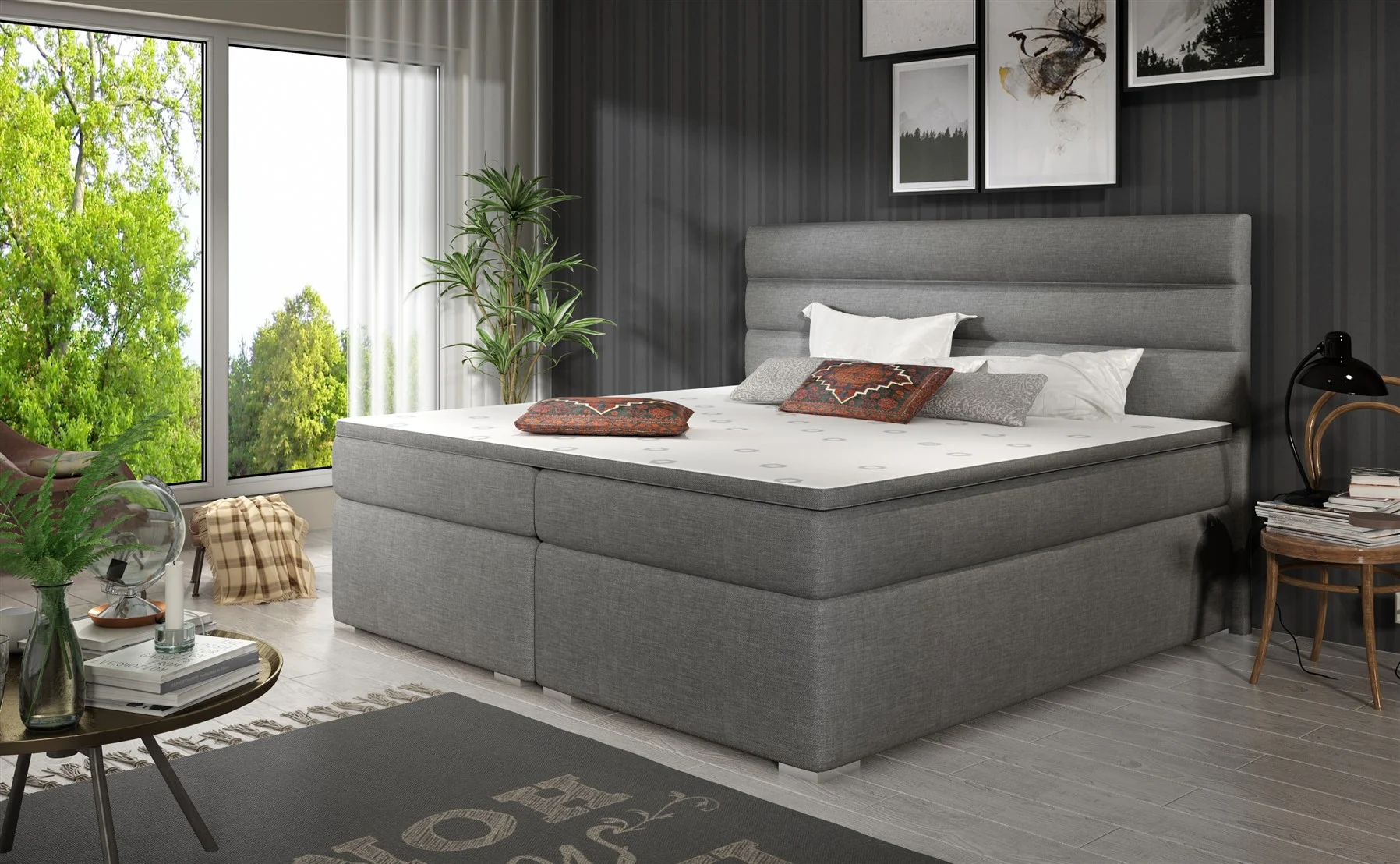 Boxspringbett Schlafzimmerbett FESTO 140x200cm Stoff Sawana Dunkelgrau - Fun Moebel