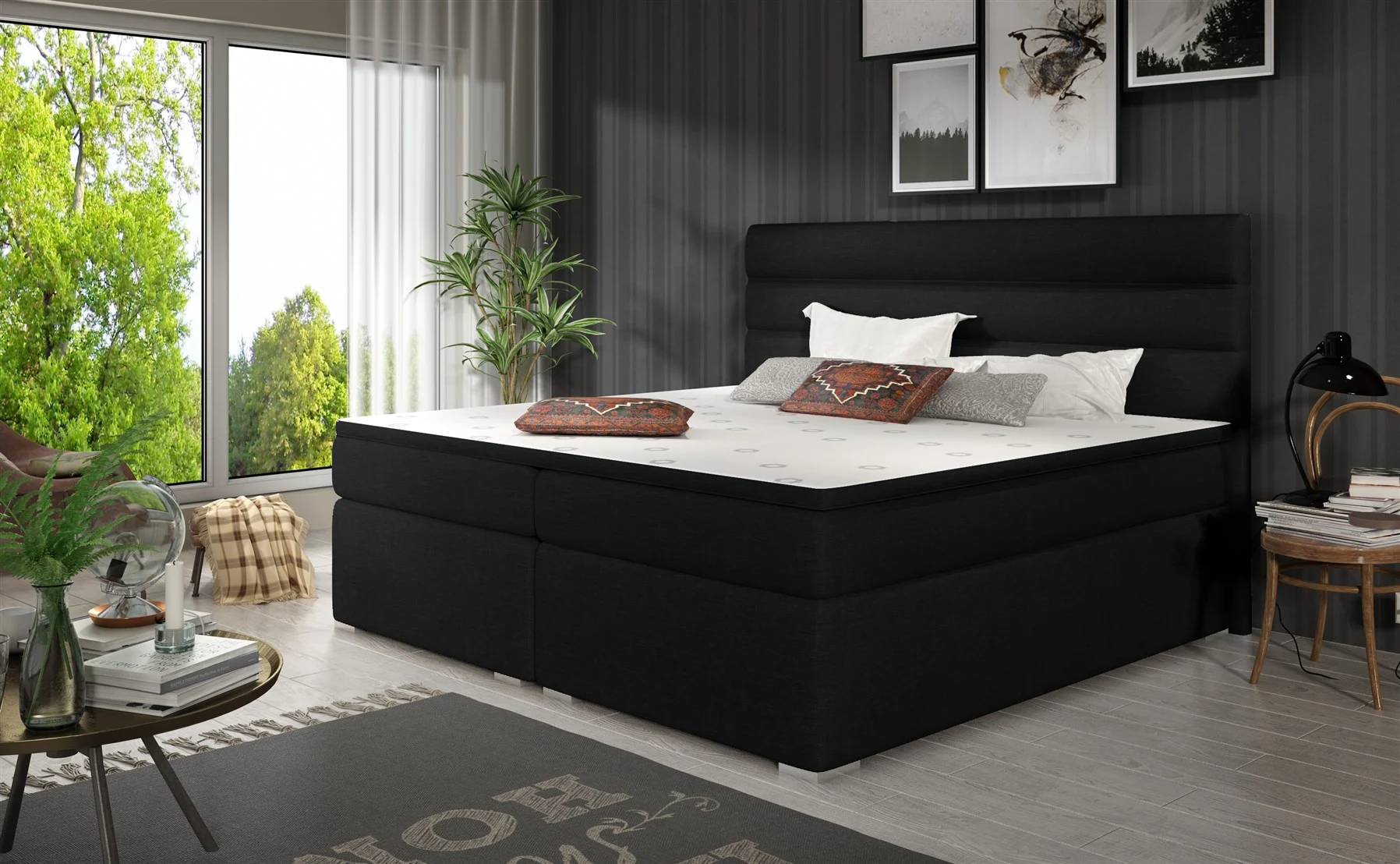 Boxspringbett Schlafzimmerbett FESTO 140x200cm Stoff Sawana Schwarz - Fun Moebel