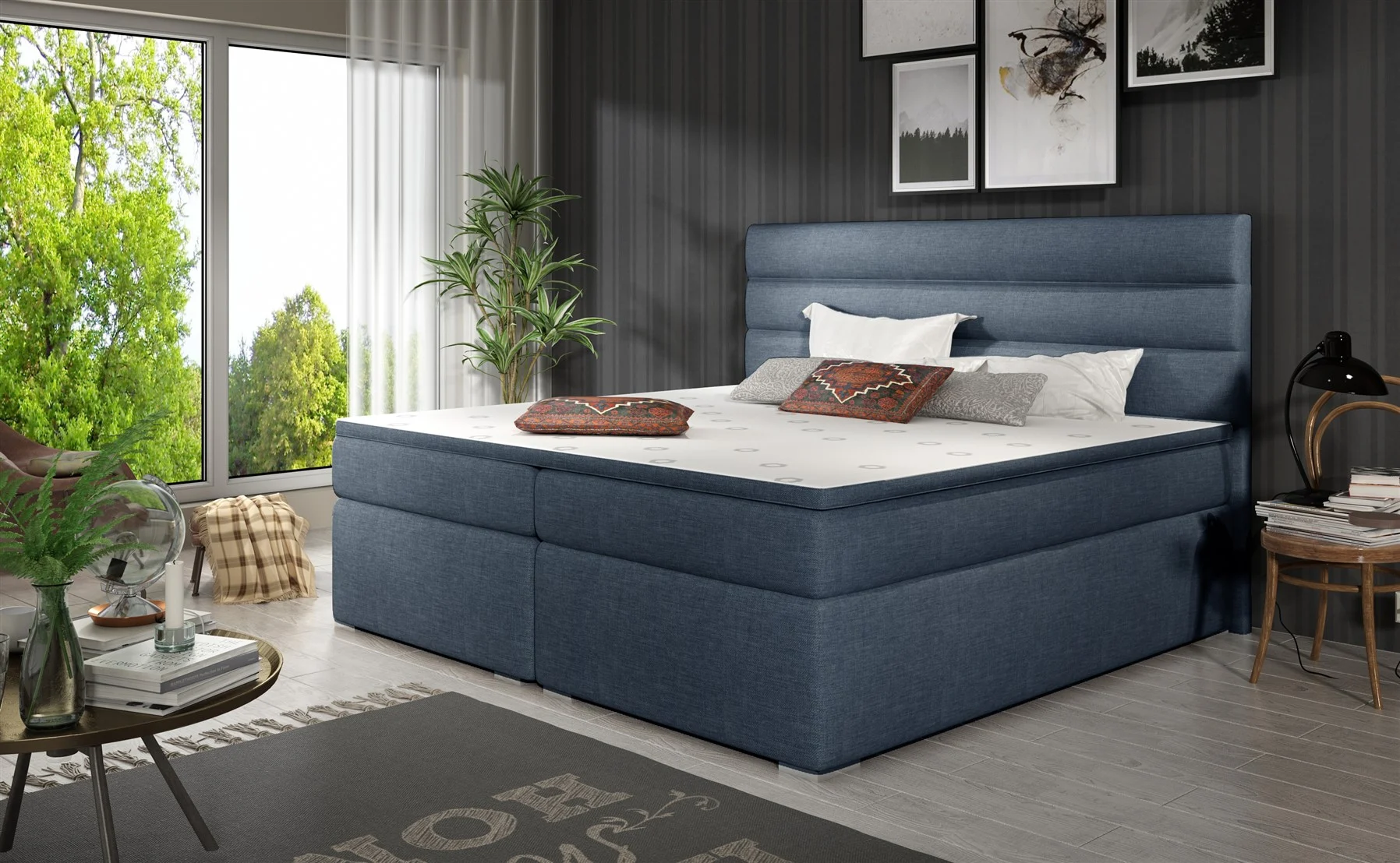 Boxspringbett Schlafzimmerbett FESTO 140x200cm Stoff Sawana Dunkelblau - Fun Moebel